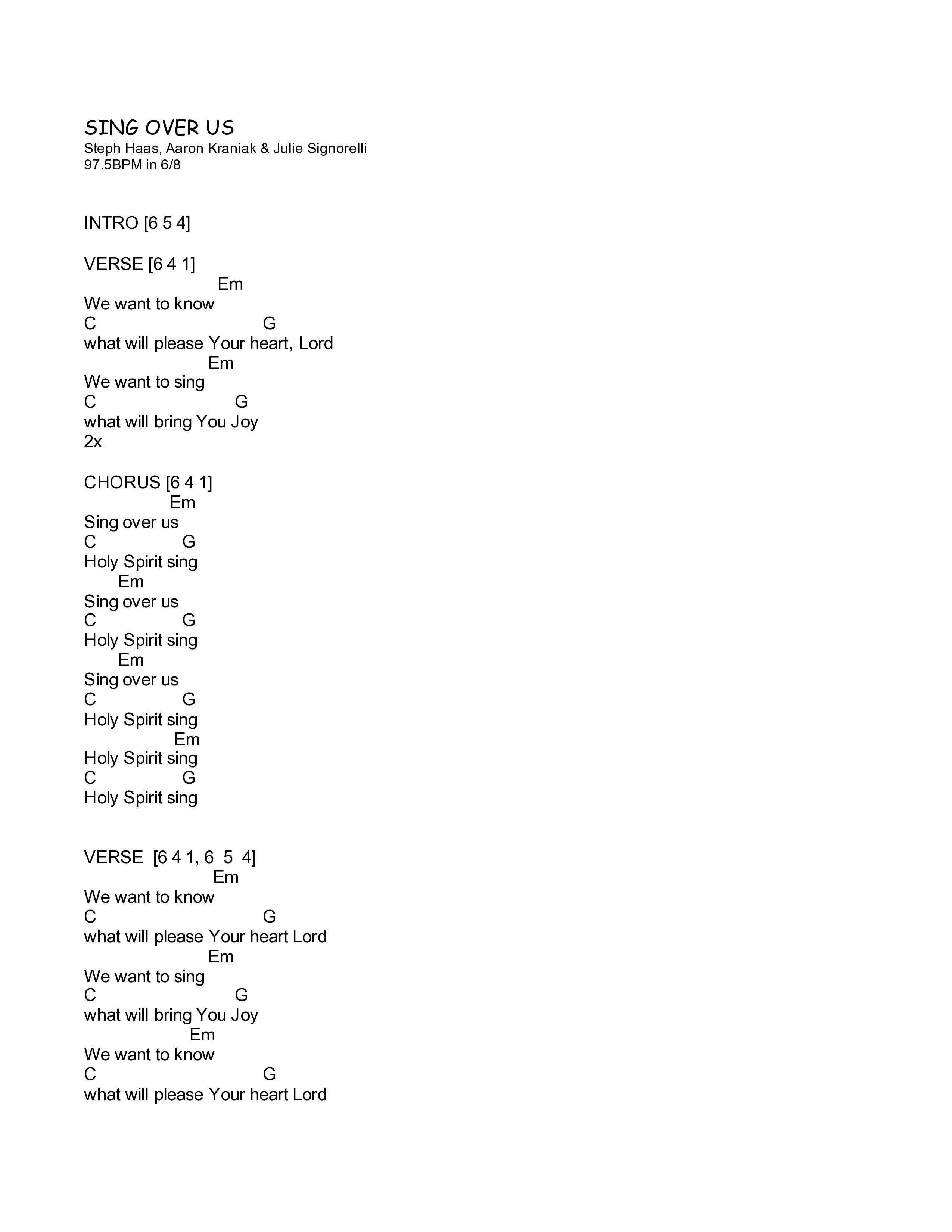 Sing Over Us Chord Chart (V1 Worship)