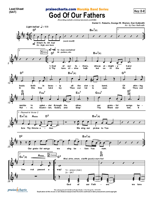 God Of Our Fathers Lead Sheet (PraiseCharts Band / Arr. Daniel Galbraith)
