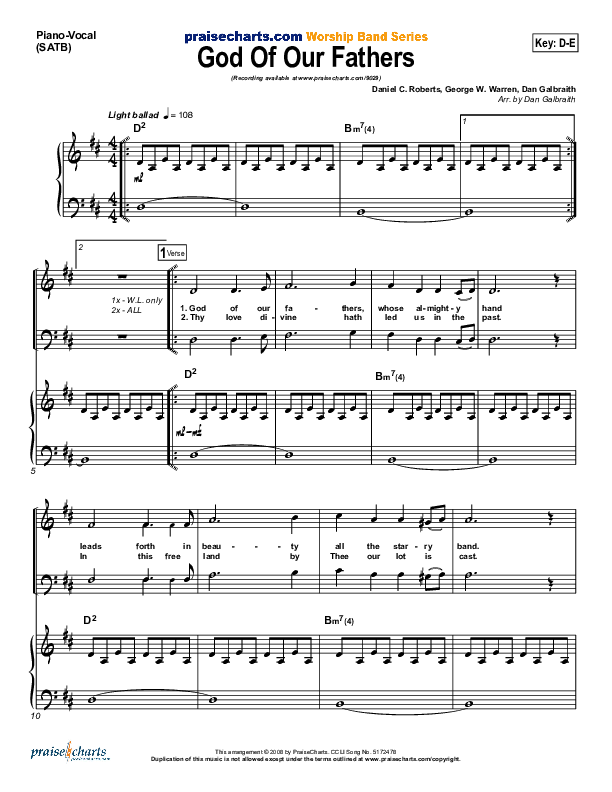 God Of Our Fathers Piano/Vocal (PraiseCharts Band / Arr. Daniel Galbraith)