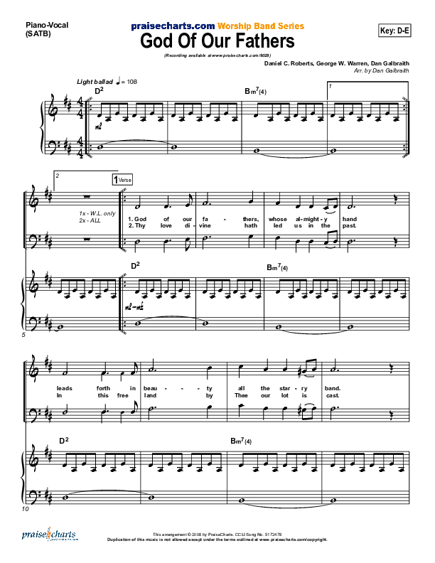 God Of Our Fathers Piano/Vocal & Lead (PraiseCharts Band / Arr. Daniel Galbraith)