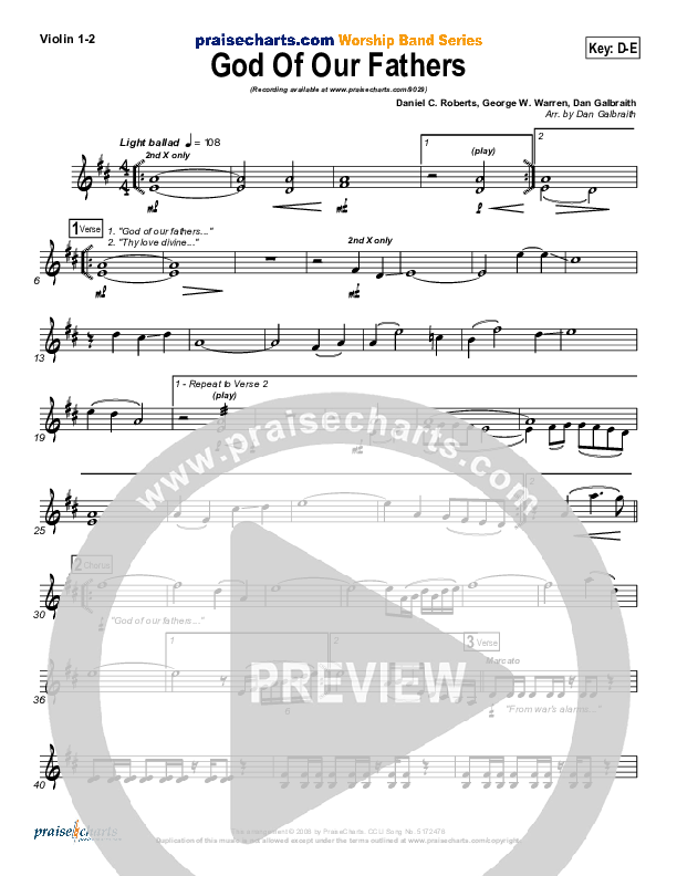 God Of Our Fathers Violin 1/2 (PraiseCharts Band / Arr. Daniel Galbraith)