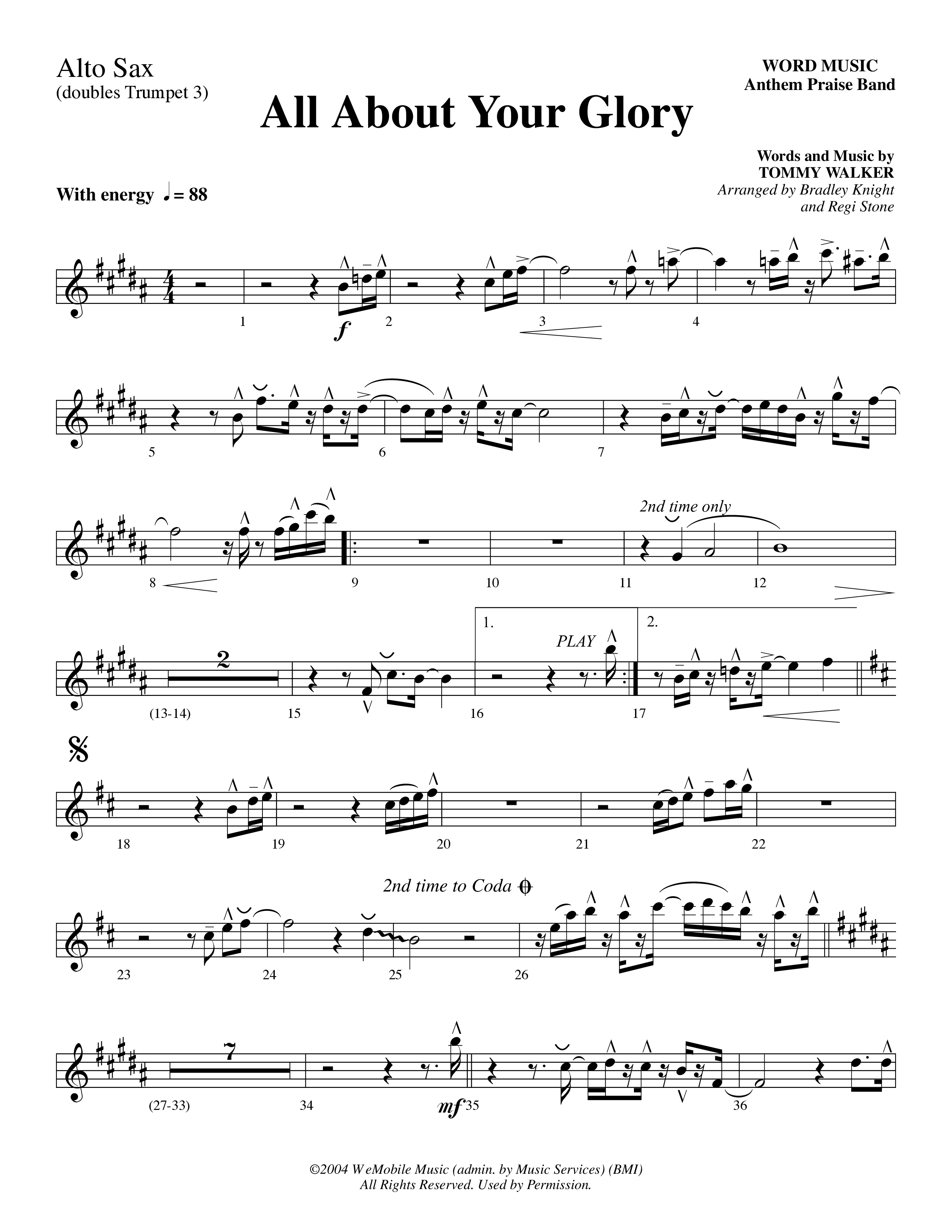 All About Your Glory (Choral Anthem SATB) Alto Sax 1/2 (Word Music Choral / Bradley Knight / Regi Stone)