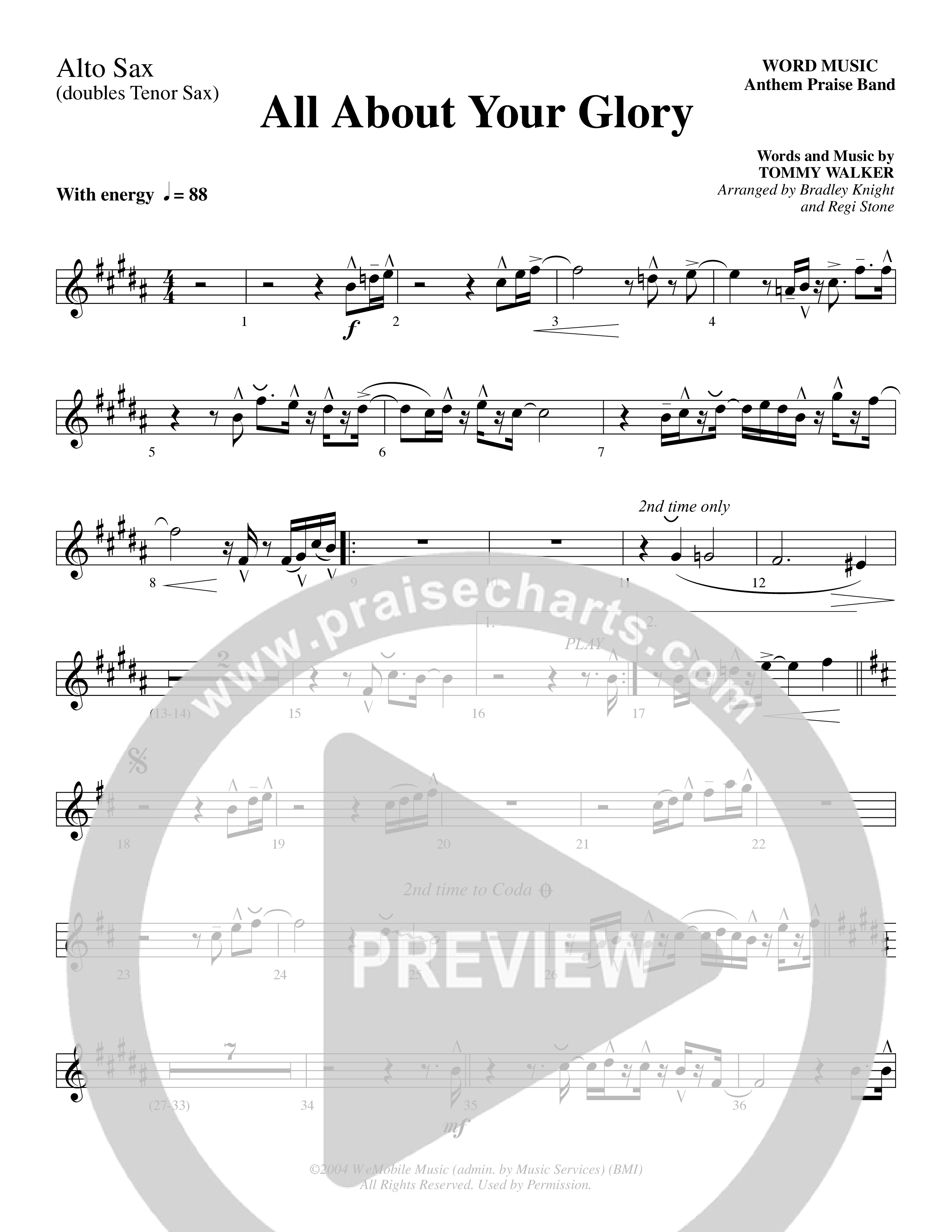 All About Your Glory (Choral Anthem SATB) Alto Sax 1/2 (Word Music Choral / Bradley Knight / Regi Stone)