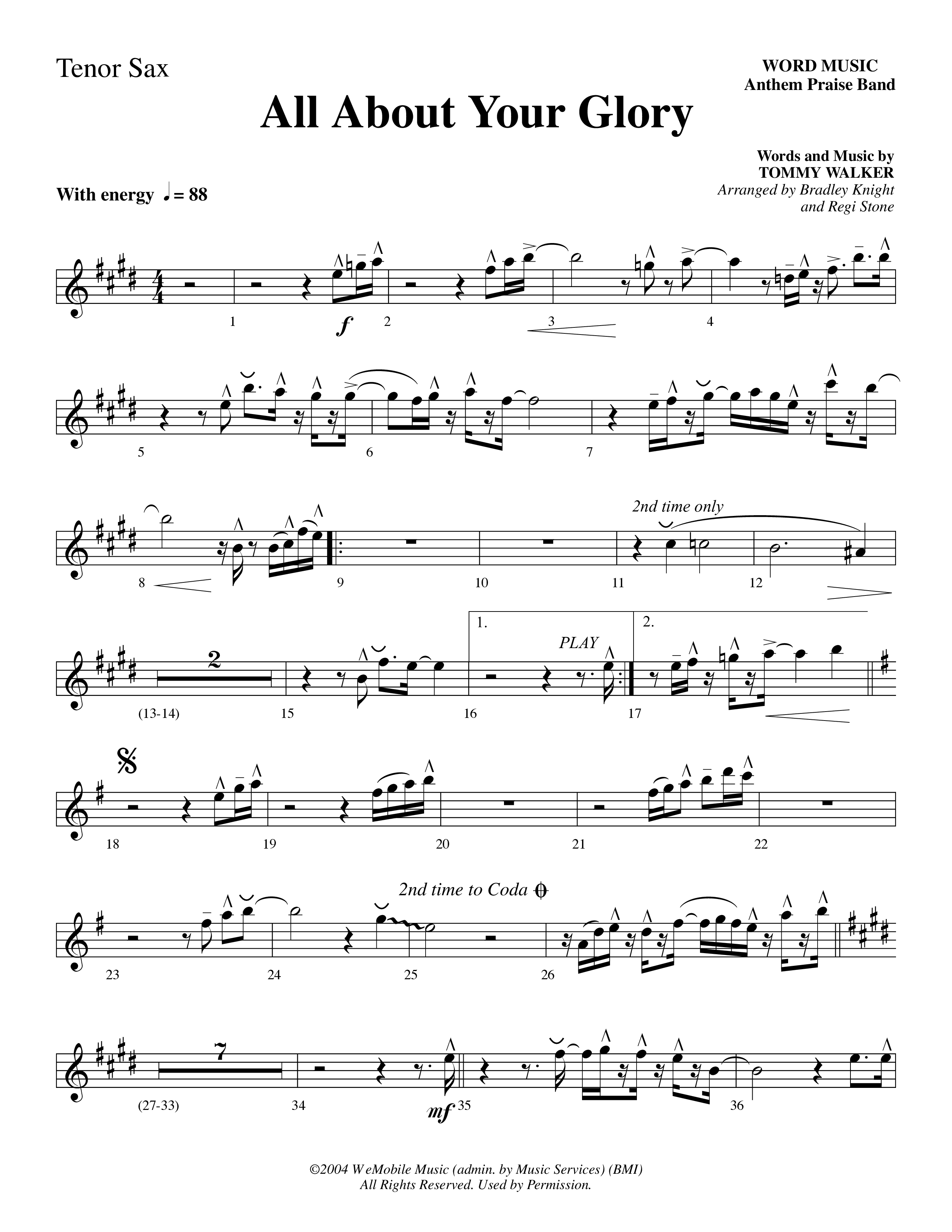 All About Your Glory (Choral Anthem SATB) Tenor Sax/Baritone T.C. (Word Music Choral / Bradley Knight / Regi Stone)