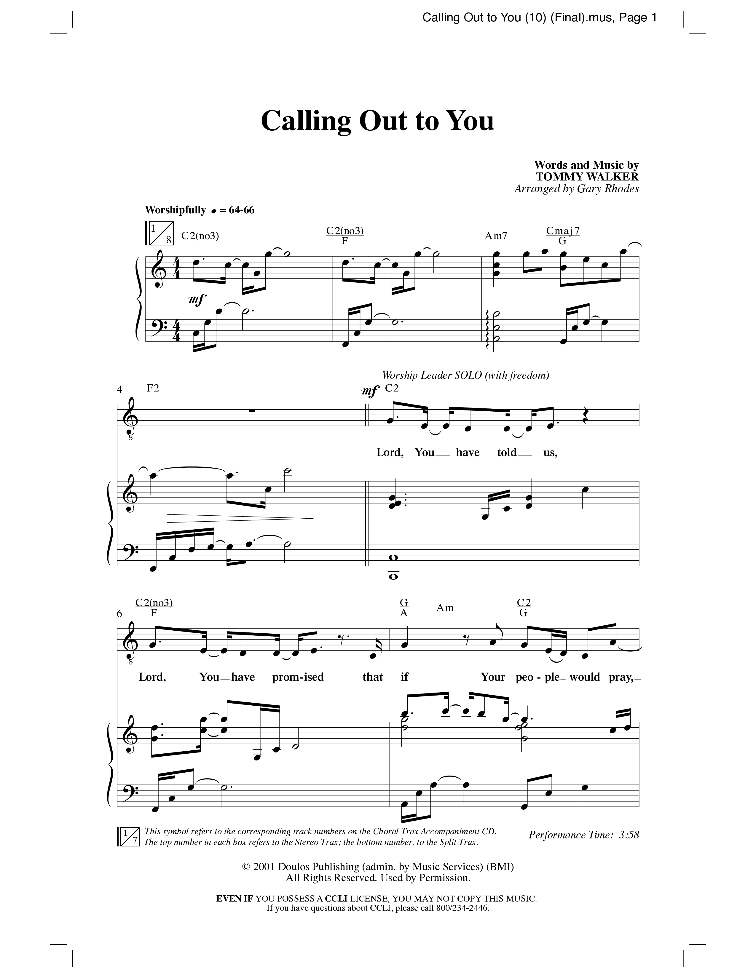 Calling Out To You (Choral Anthem SATB) Anthem (SATB/Piano) (Word Music Choral / Arr. Gary Rhodes)