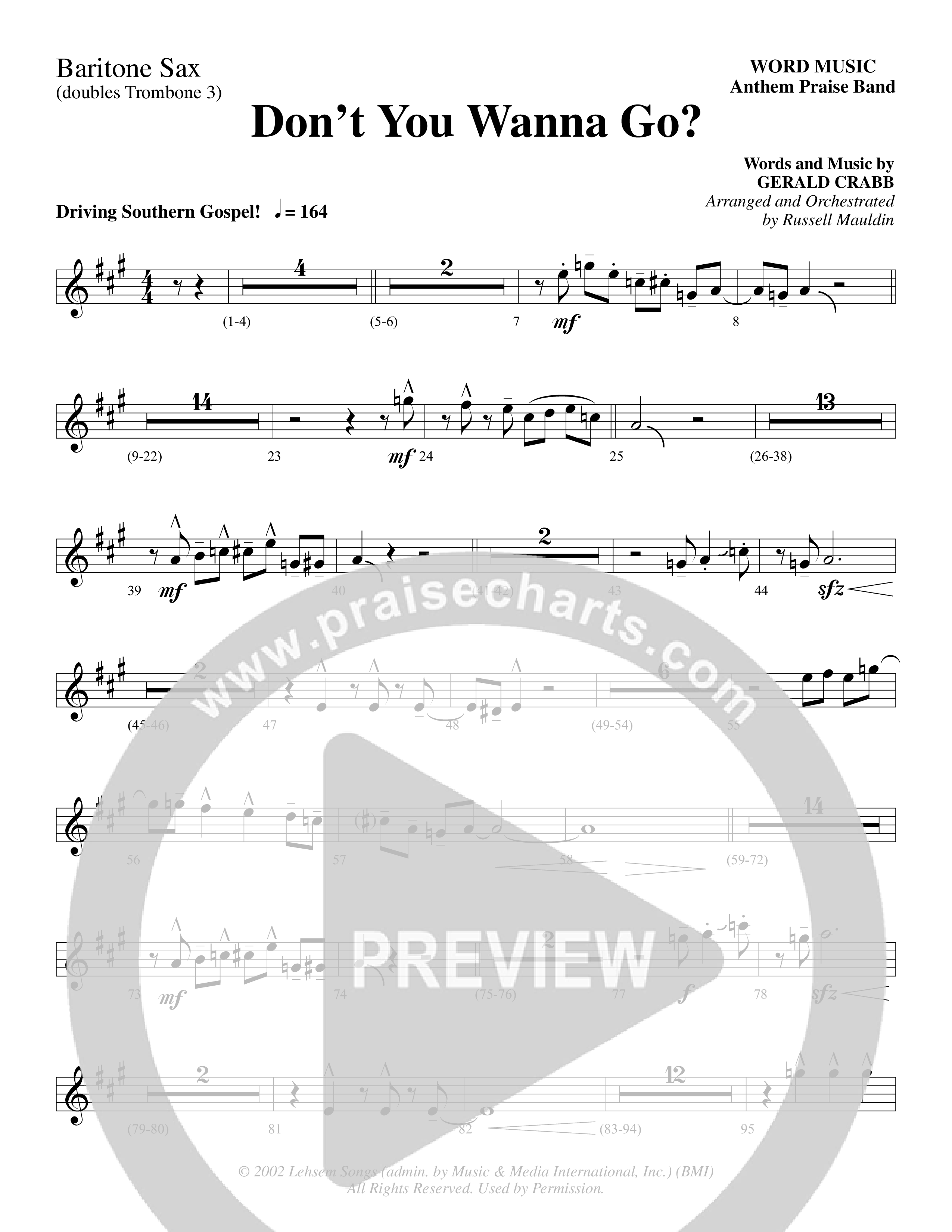 Don't You Wanna Go (Choral Anthem SATB) Bari Sax (Word Music Choral / Arr. Russell Mauldin)