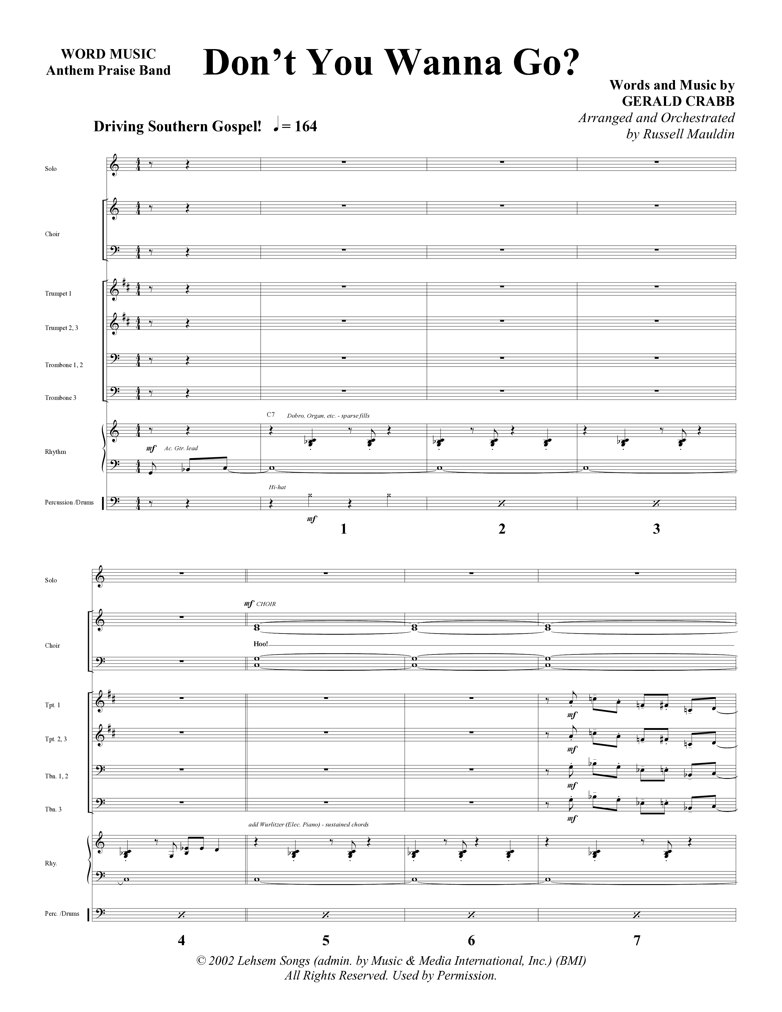 Don't You Wanna Go (Choral Anthem SATB) Orchestration (Word Music Choral / Arr. Russell Mauldin)