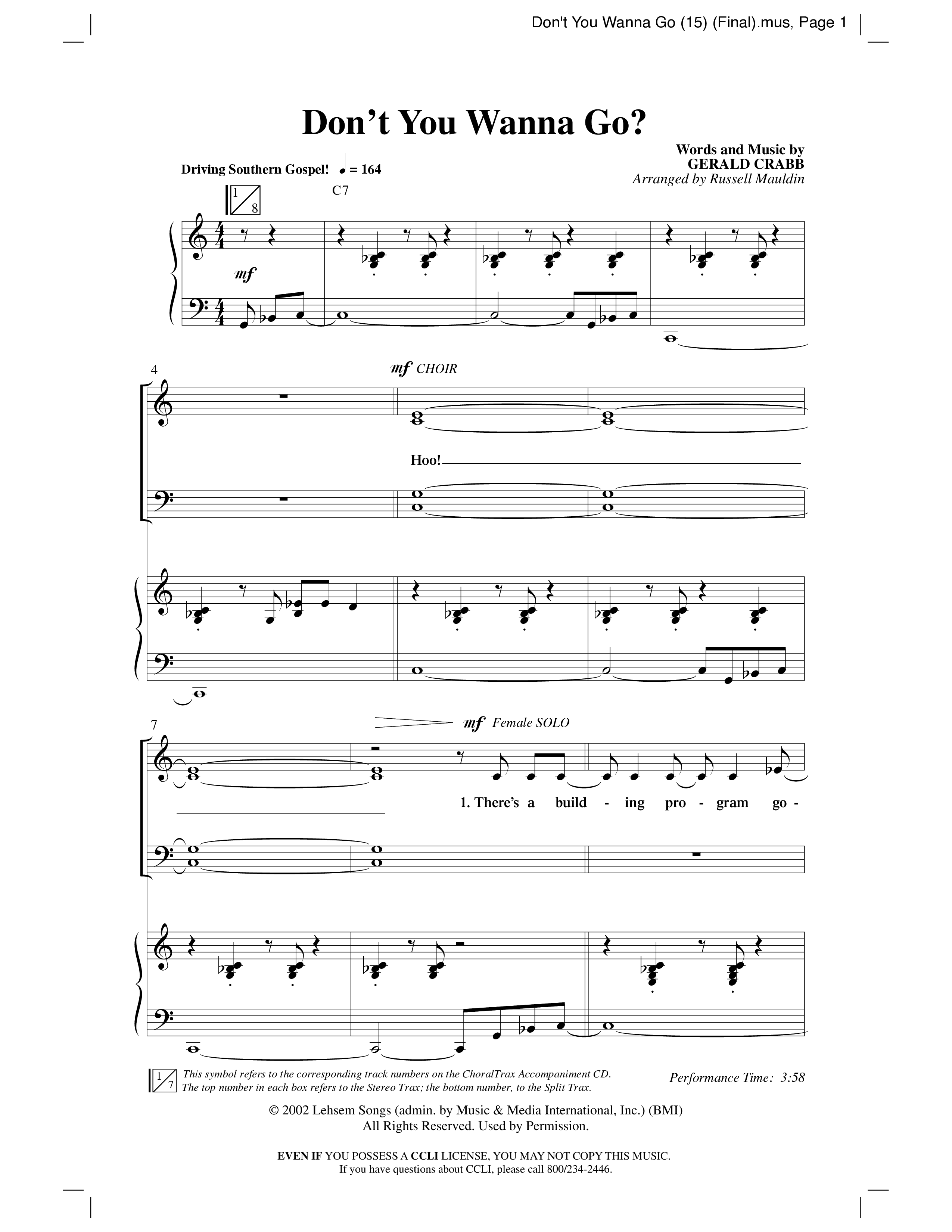 Don't You Wanna Go (Choral Anthem SATB) Anthem (SATB/Piano) (Word Music Choral / Arr. Russell Mauldin)