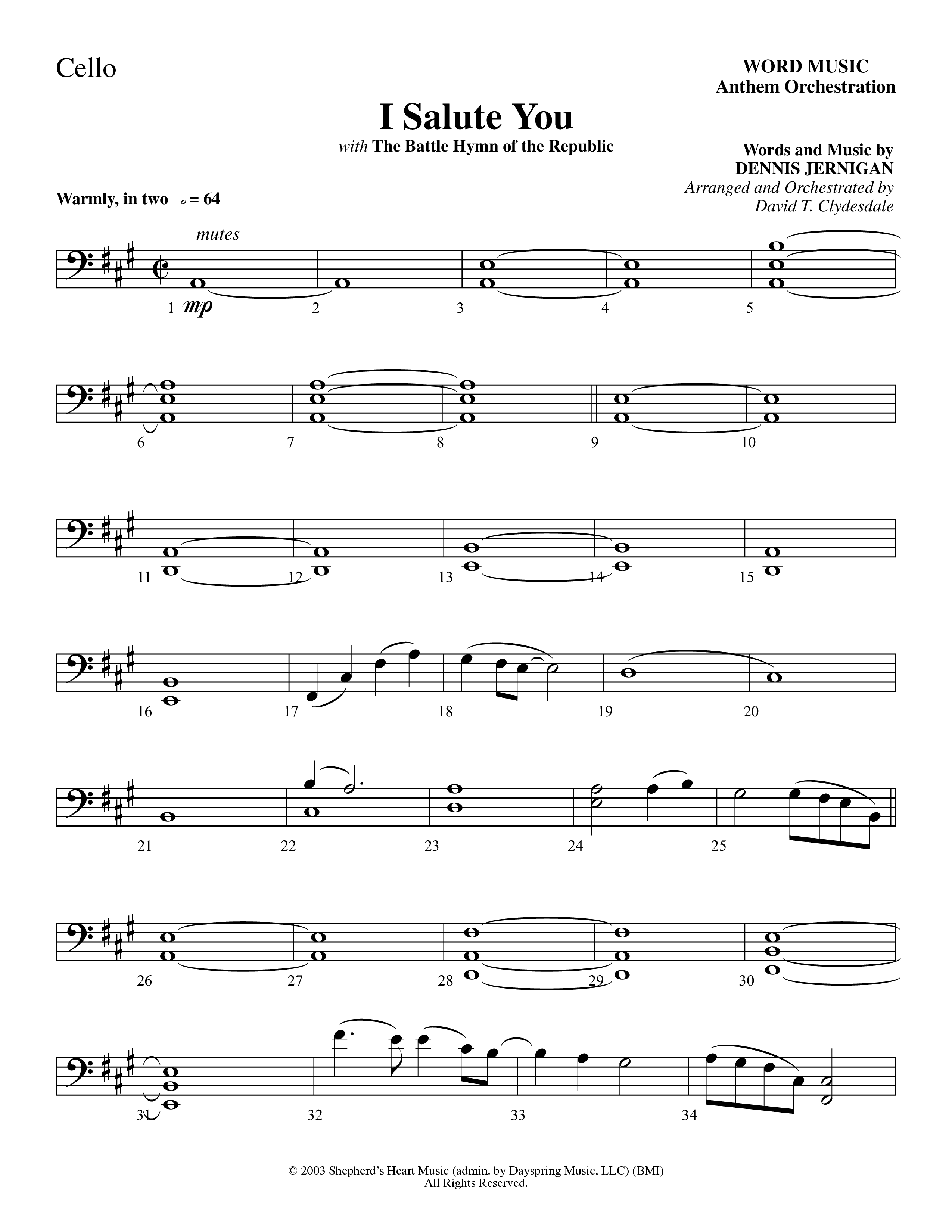 I Salute You with Battle Hymn of the Republic (Choral Anthem SATB) Cello (Word Music Choral / Arr. David T. Clydesdale)