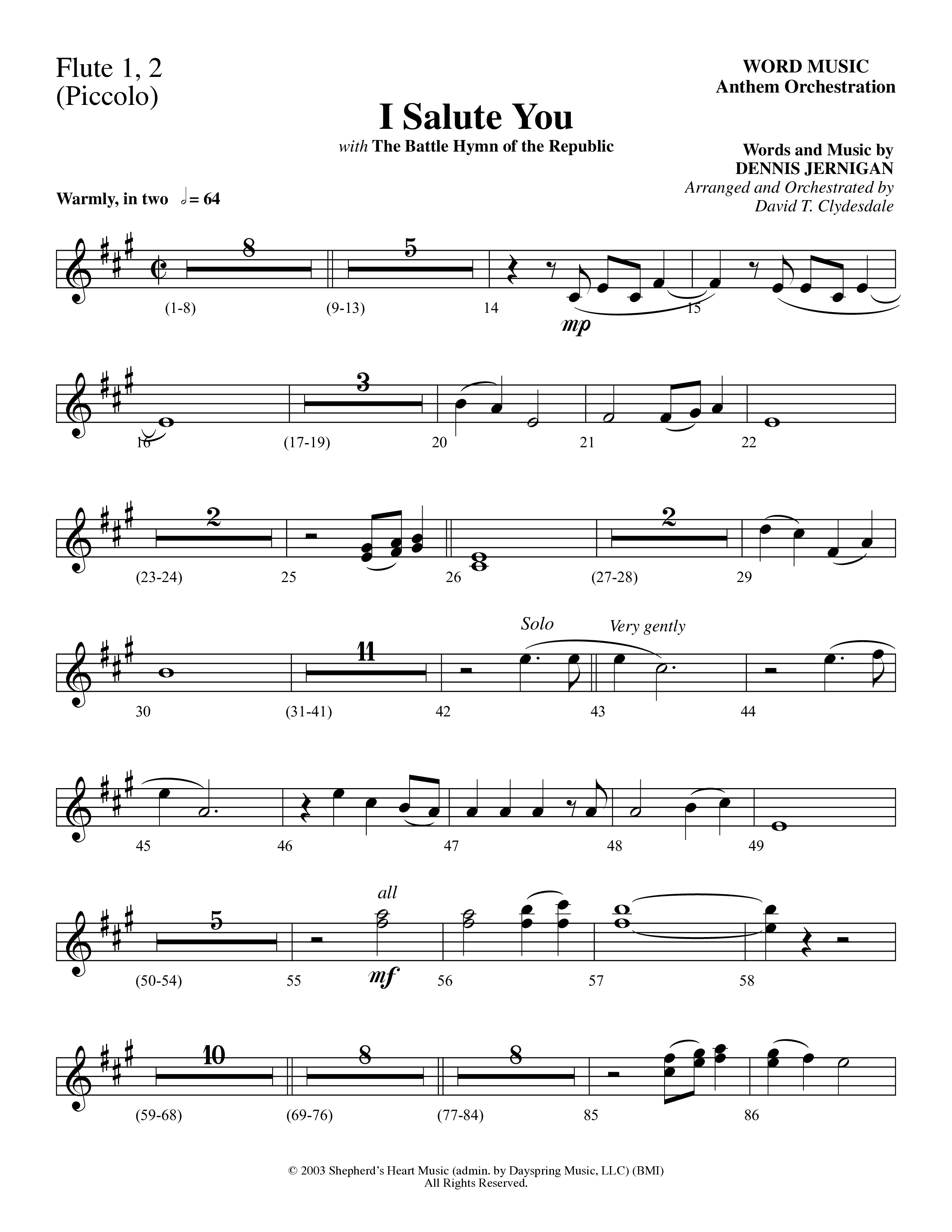 I Salute You with Battle Hymn of the Republic (Choral Anthem SATB) Flute 1/2 (Word Music Choral / Arr. David T. Clydesdale)