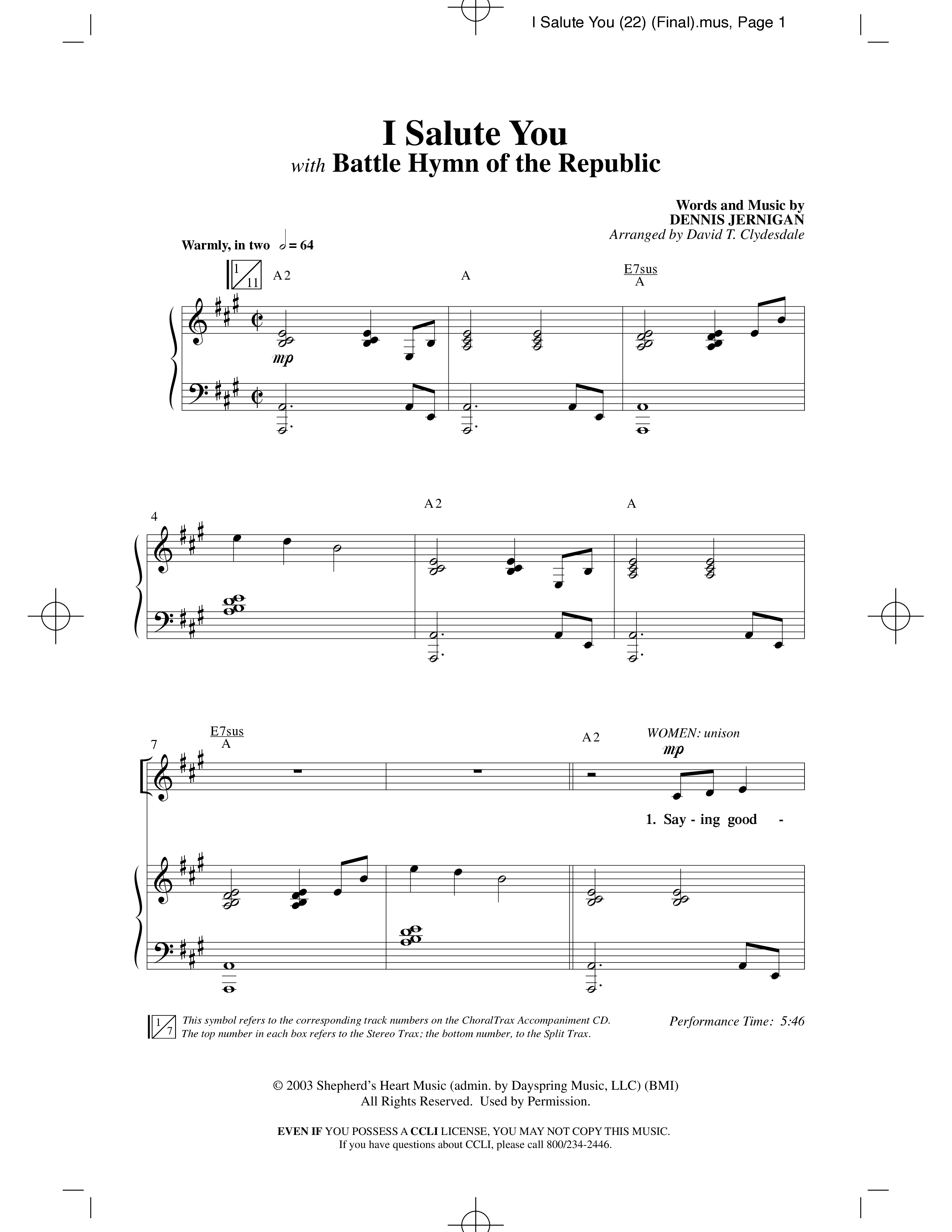 I Salute You with Battle Hymn of the Republic (Choral Anthem SATB) Anthem (SATB/Piano) (Word Music Choral / Arr. David T. Clydesdale)