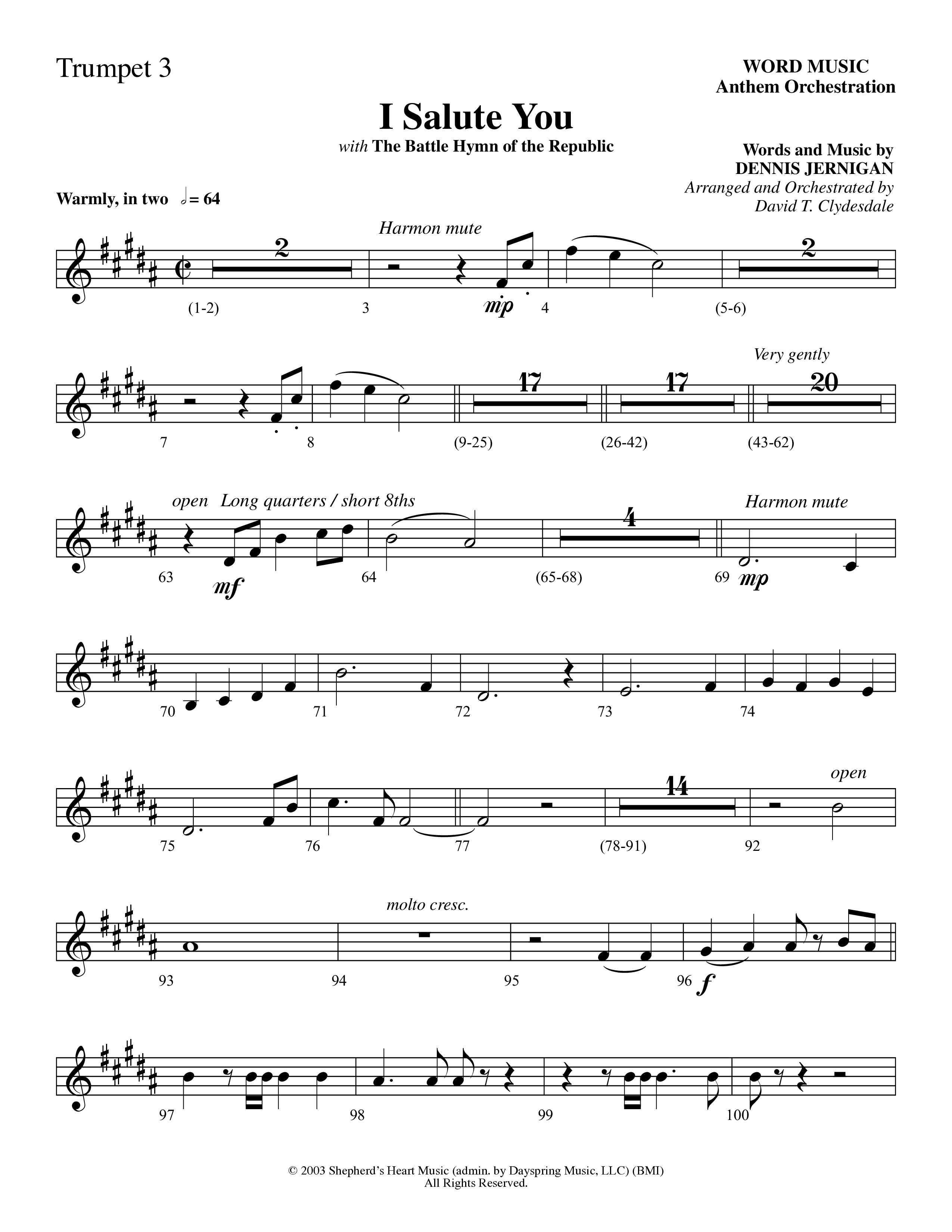 I Salute You with Battle Hymn of the Republic (Choral Anthem SATB) Trumpet 3 (Word Music Choral / Arr. David T. Clydesdale)