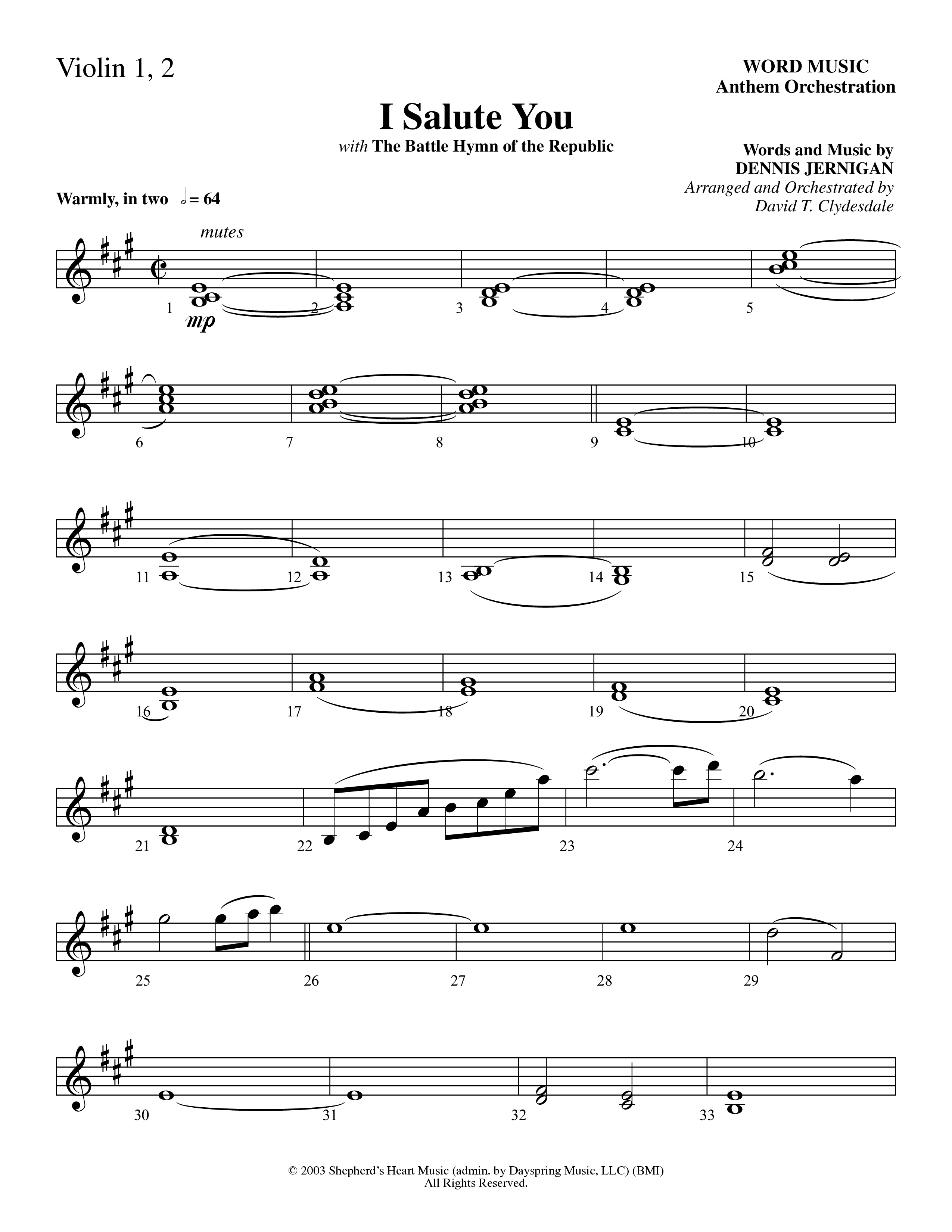 I Salute You with Battle Hymn of the Republic (Choral Anthem SATB) Violin 1/2 (Word Music Choral / Arr. David T. Clydesdale)