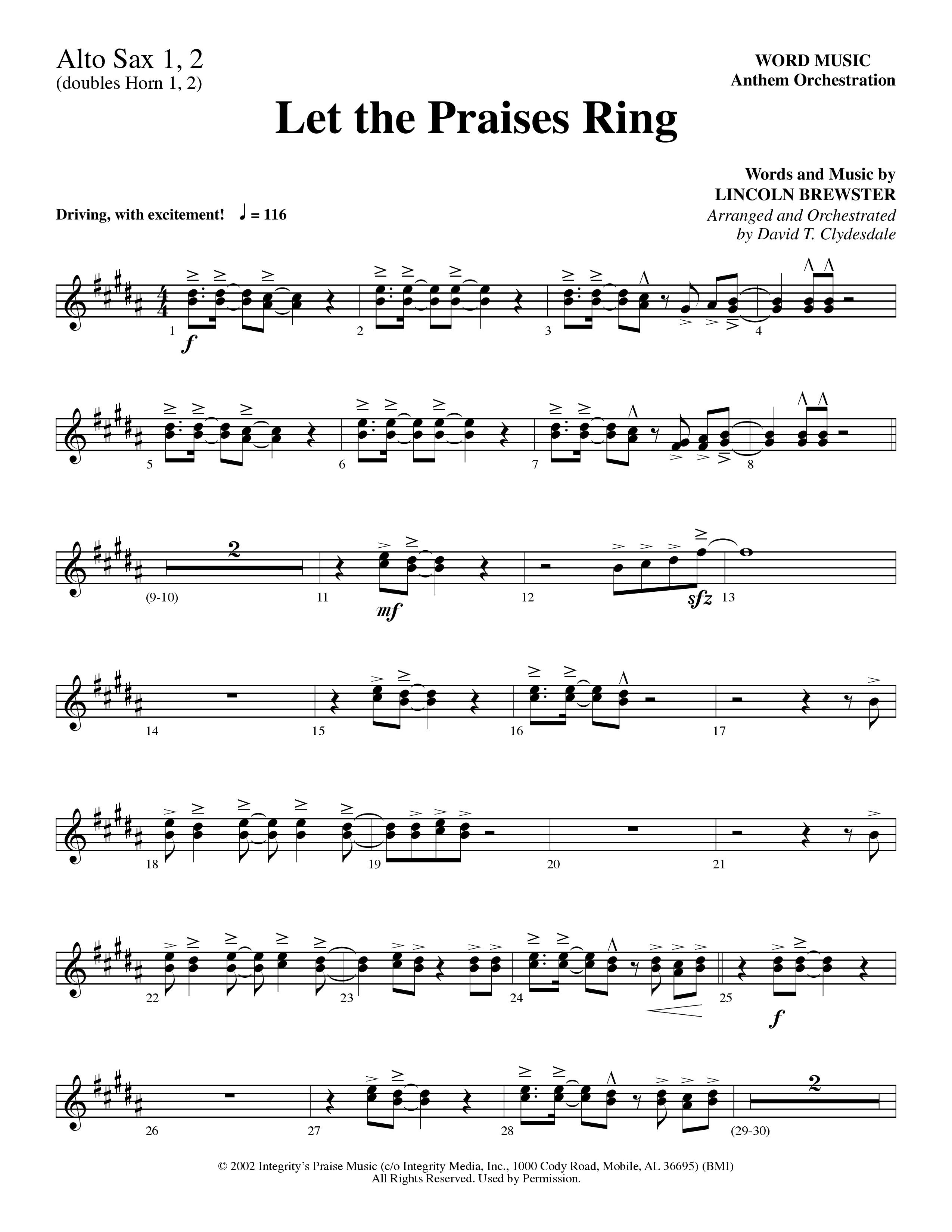 Let The Praises Ring (Choral Anthem SATB) Alto Sax 1/2 (Word Music Choral / Arr. David T. Clydesdale)