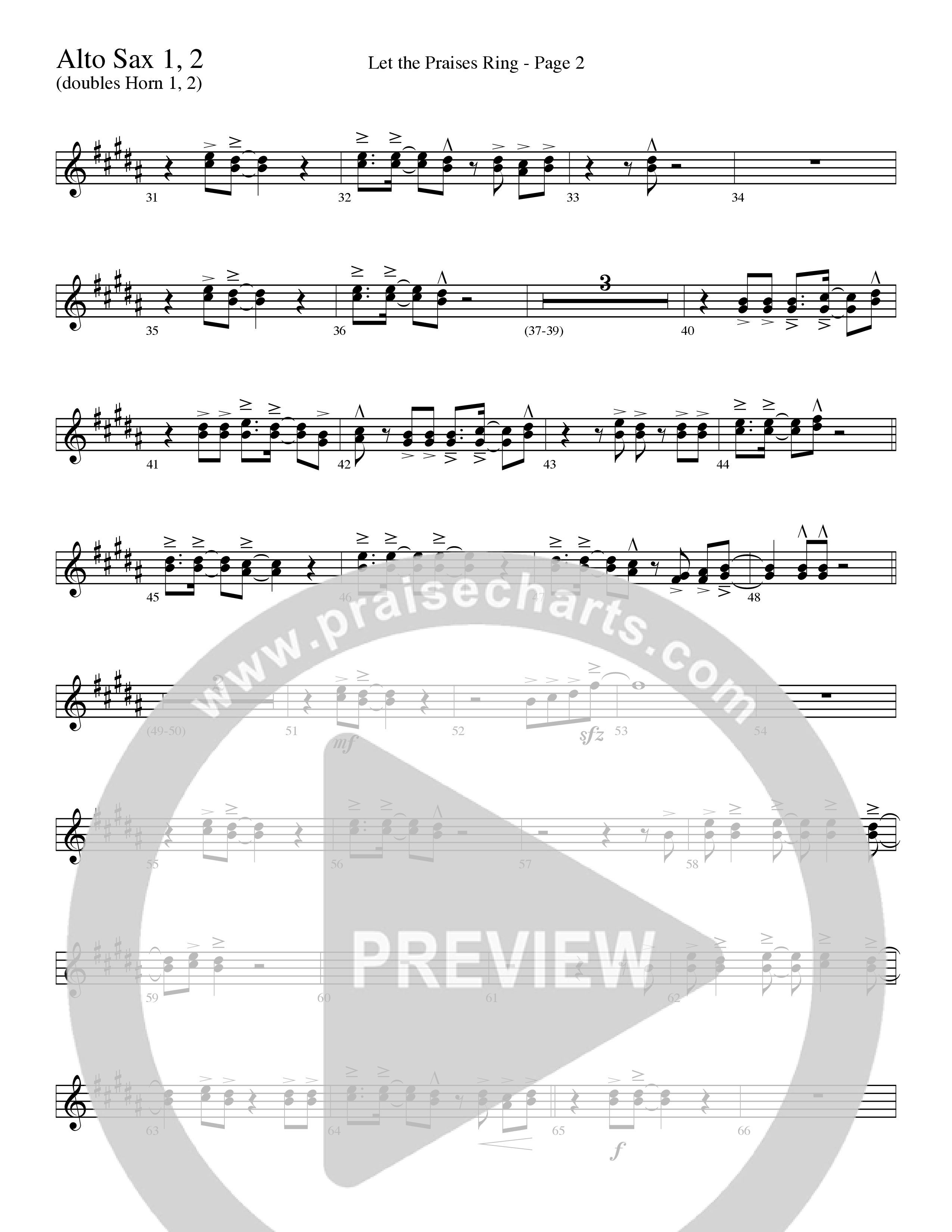 Let The Praises Ring (Choral Anthem SATB) Alto Sax 1/2 (Word Music Choral / Arr. David T. Clydesdale)
