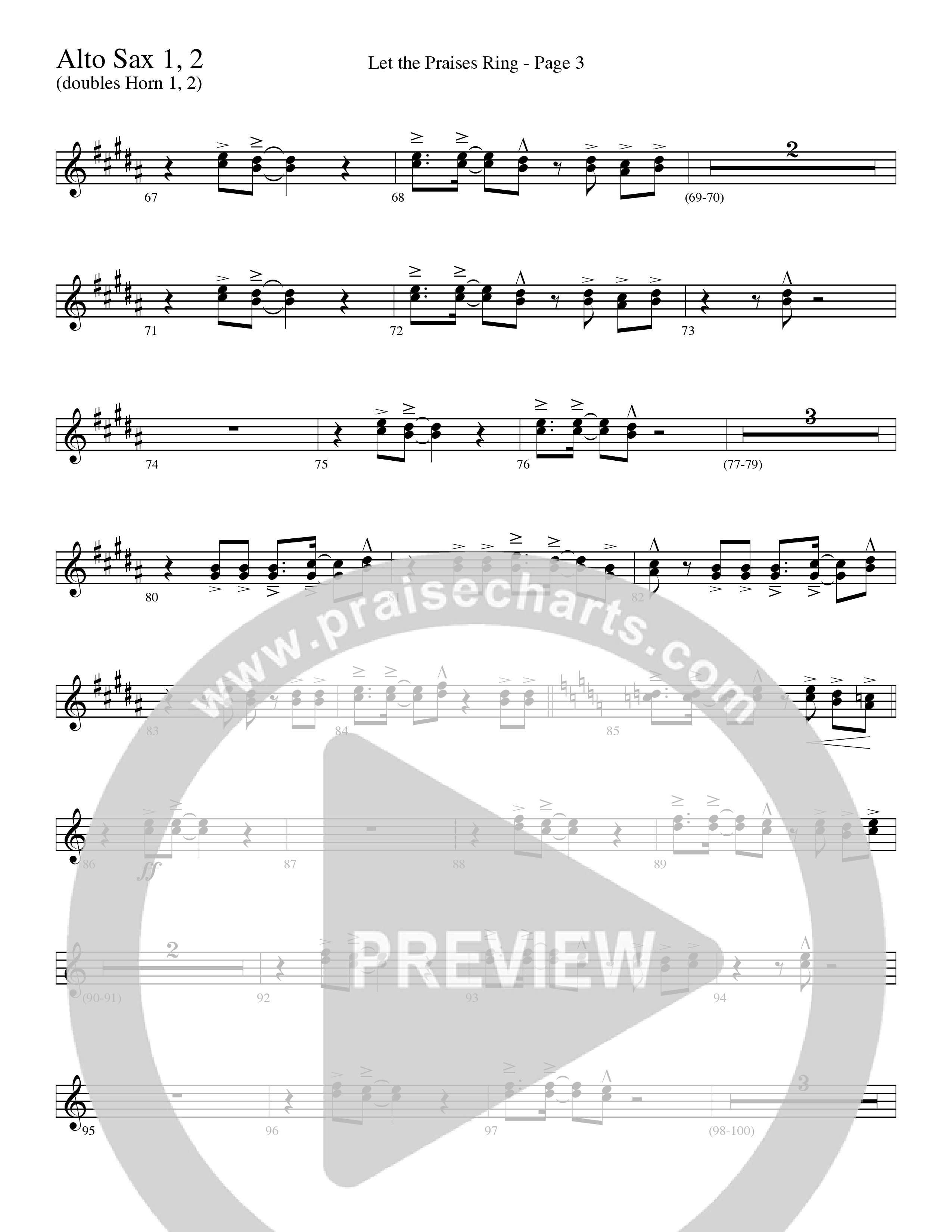 Let The Praises Ring (Choral Anthem SATB) Alto Sax 1/2 (Word Music Choral / Arr. David T. Clydesdale)