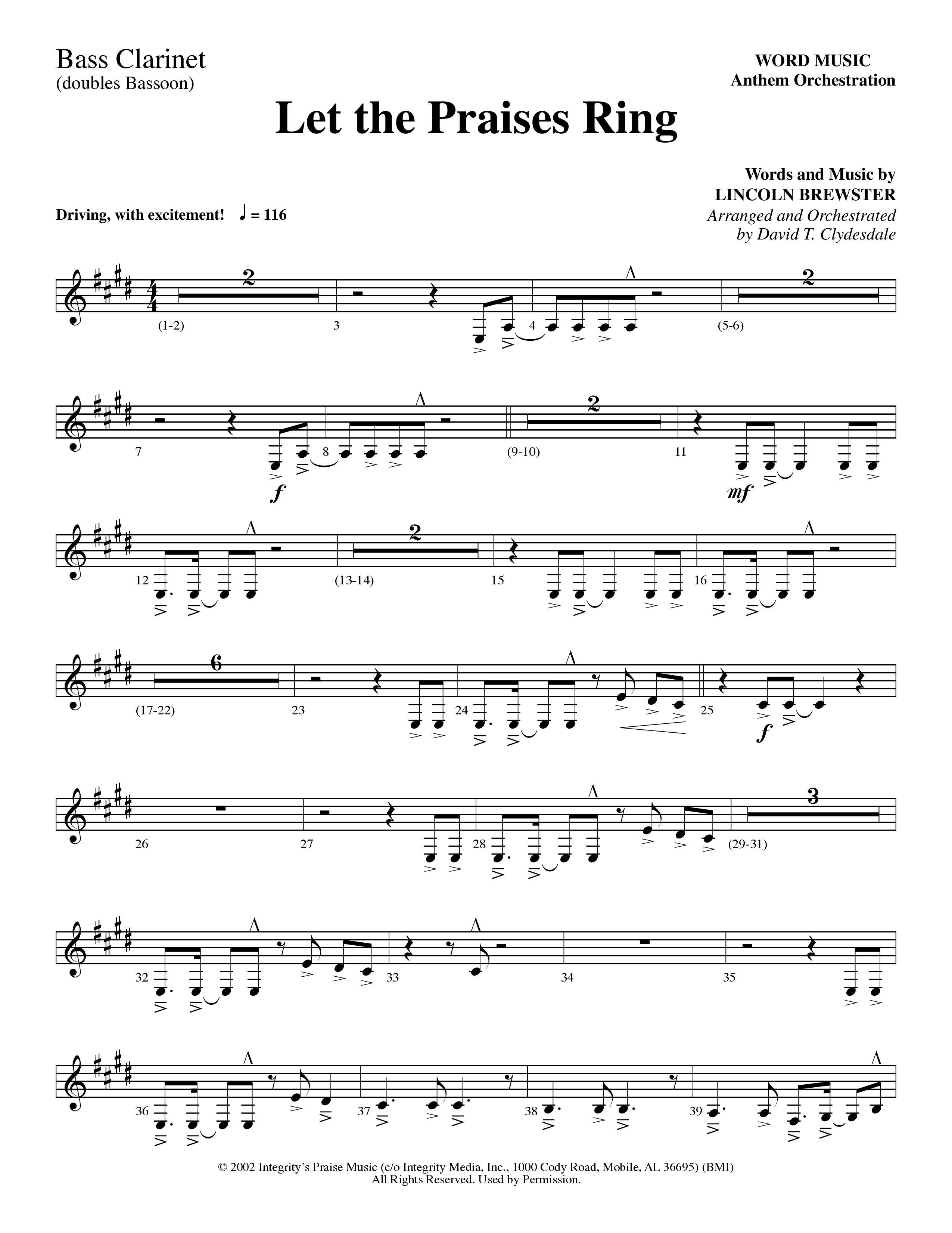 Let The Praises Ring (Choral Anthem SATB) Bass Clarinet (Word Music Choral / Arr. David T. Clydesdale)
