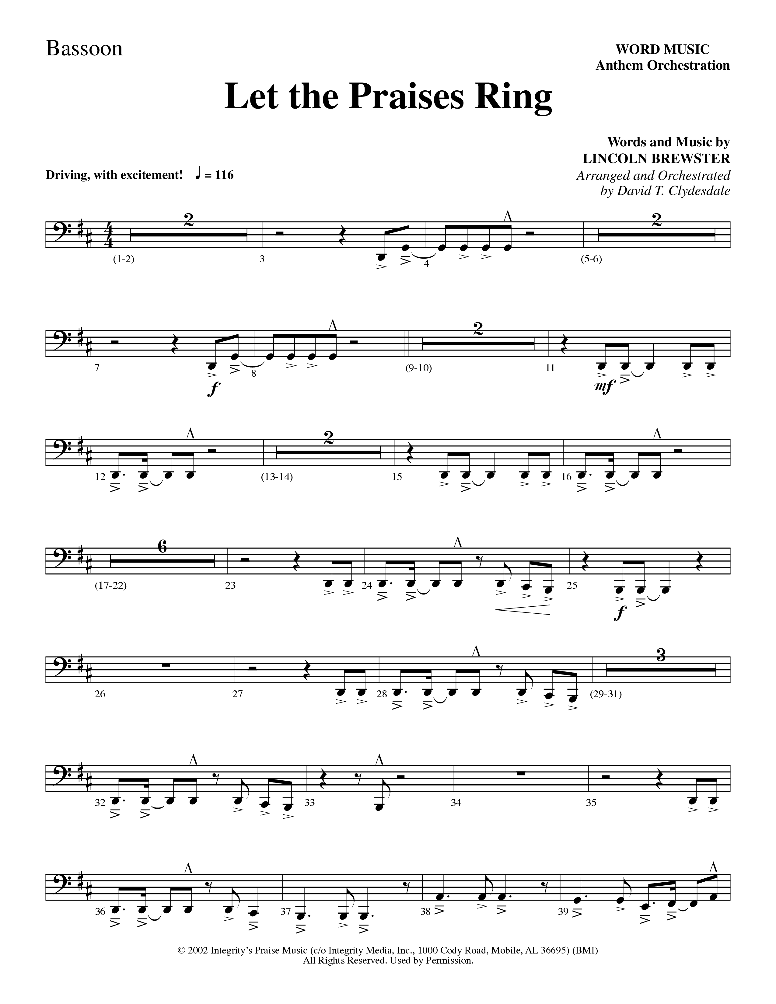 Let The Praises Ring (Choral Anthem SATB) Bassoon (Word Music Choral / Arr. David T. Clydesdale)