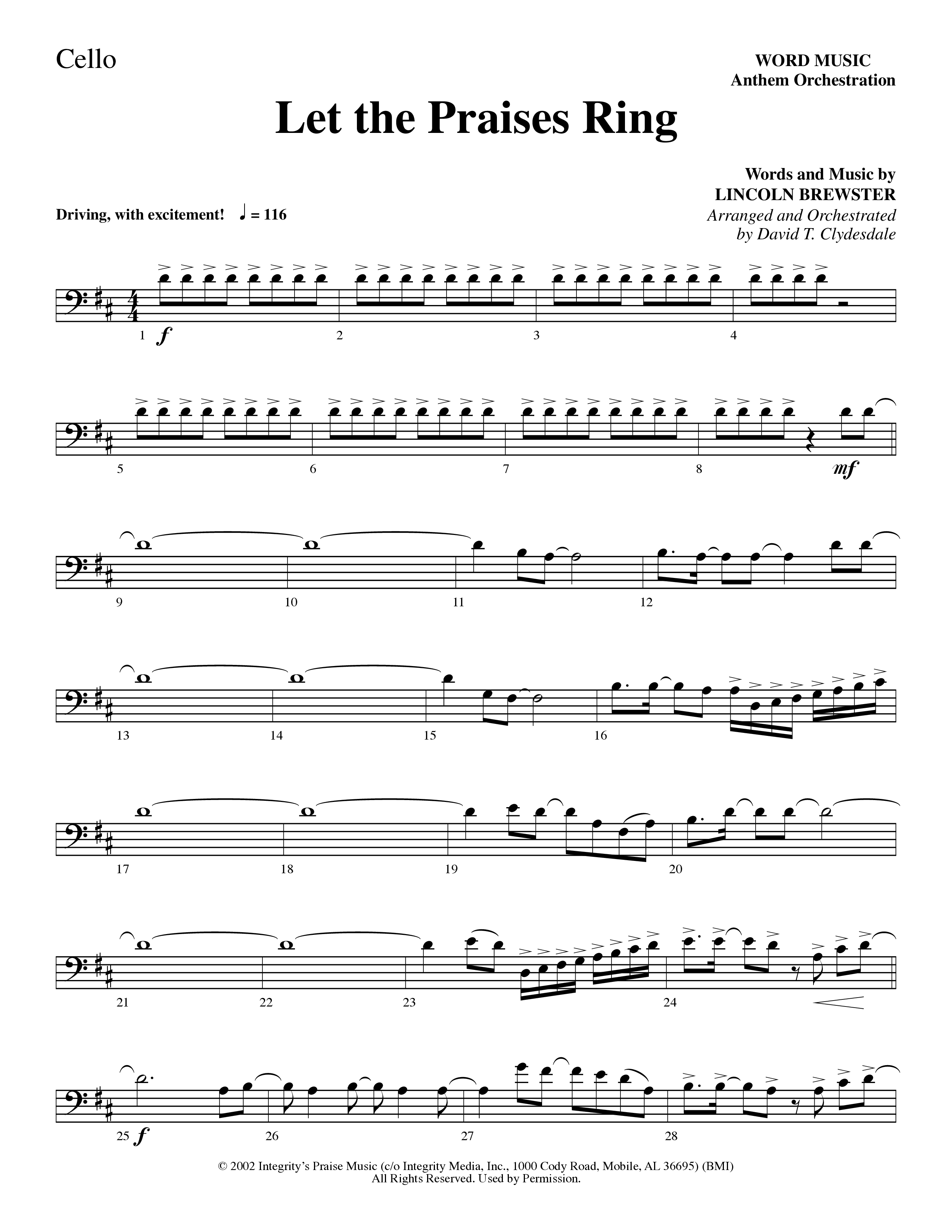 Let The Praises Ring (Choral Anthem SATB) Cello (Word Music Choral / Arr. David T. Clydesdale)