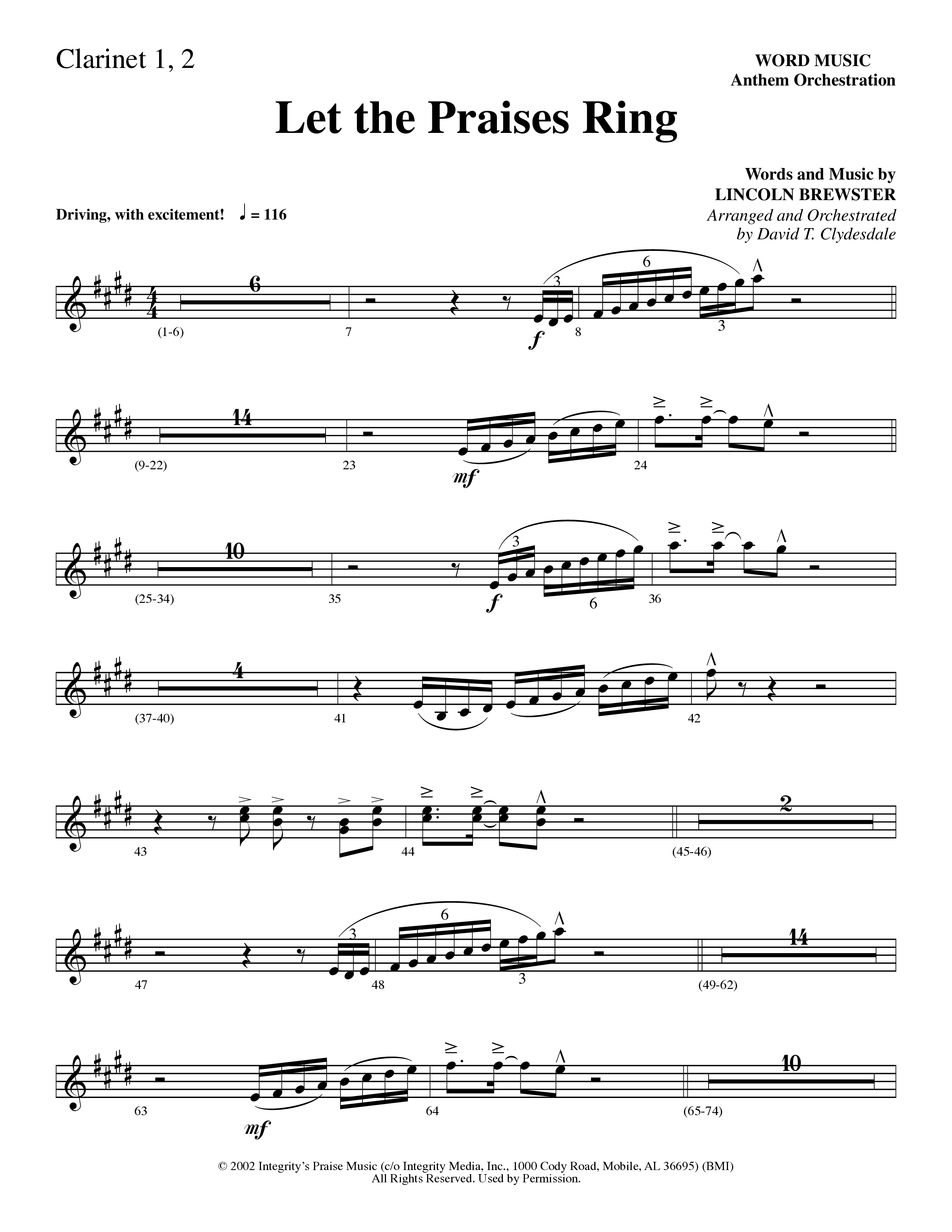 Let The Praises Ring (Choral Anthem SATB) Clarinet 1/2 (Word Music Choral / Arr. David T. Clydesdale)