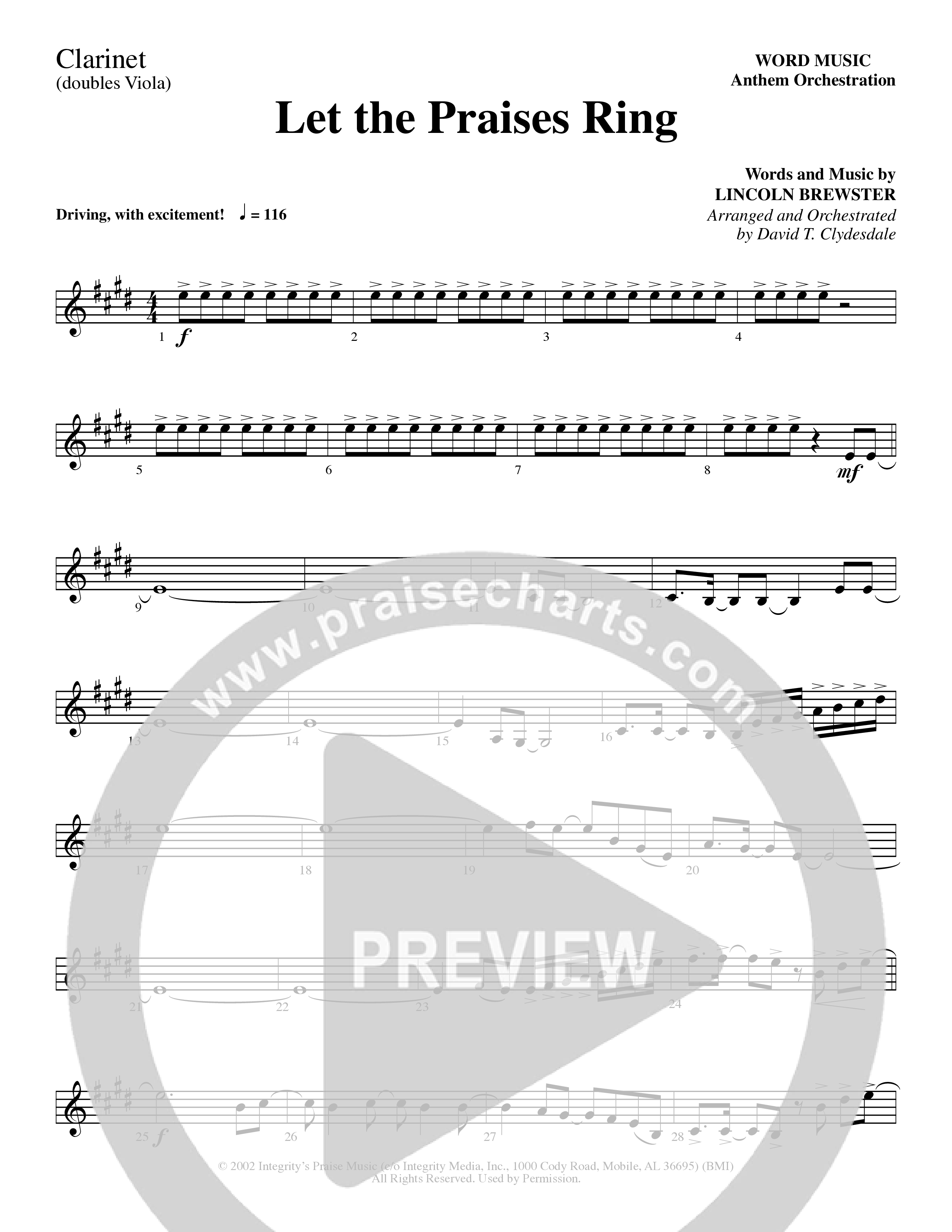 Let The Praises Ring (Choral Anthem SATB) Clarinet 1/2 (Word Music Choral / Arr. David T. Clydesdale)