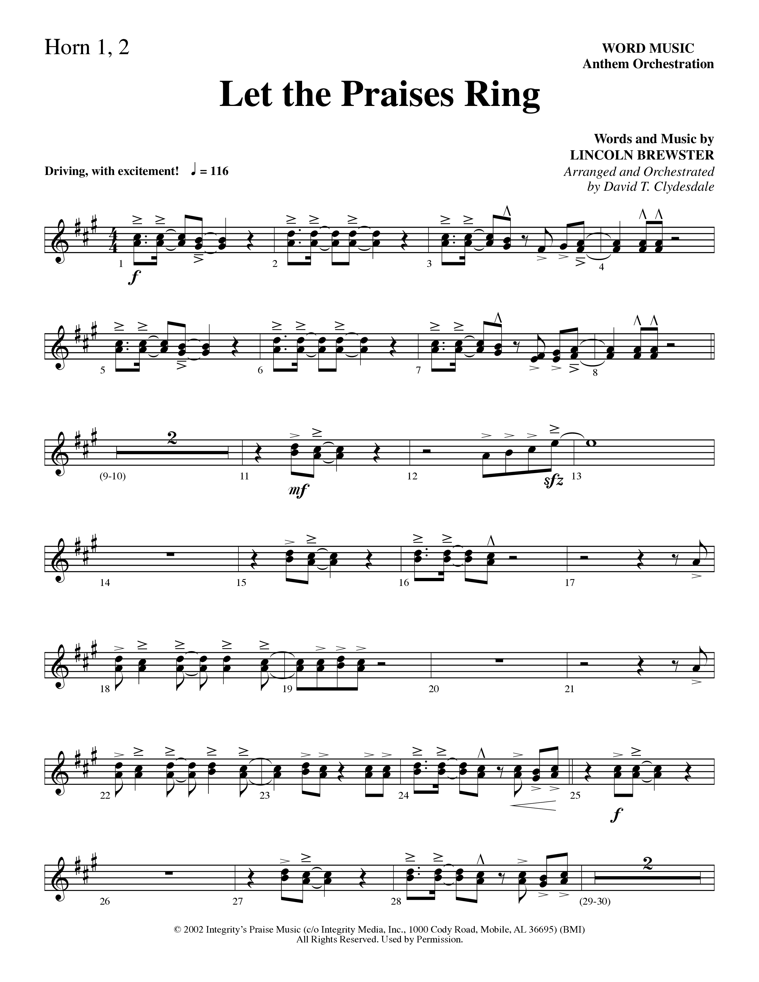 Let The Praises Ring (Choral Anthem SATB) French Horn 1/2 (Word Music Choral / Arr. David T. Clydesdale)