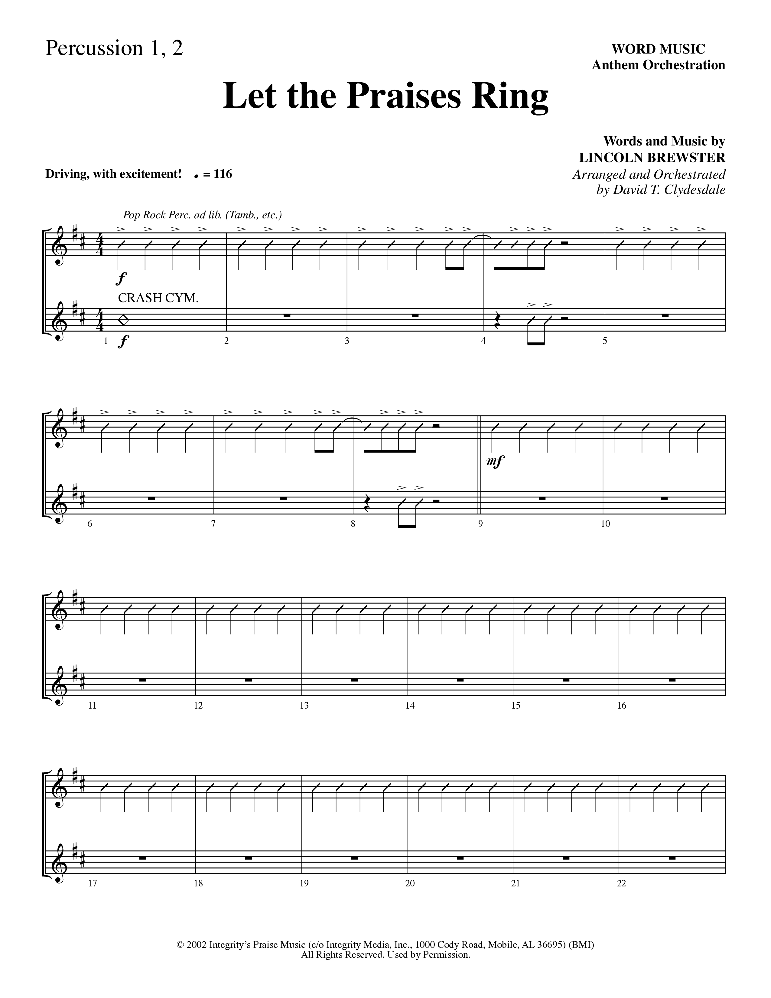 Let The Praises Ring (Choral Anthem SATB) Percussion (Word Music Choral / Arr. David T. Clydesdale)