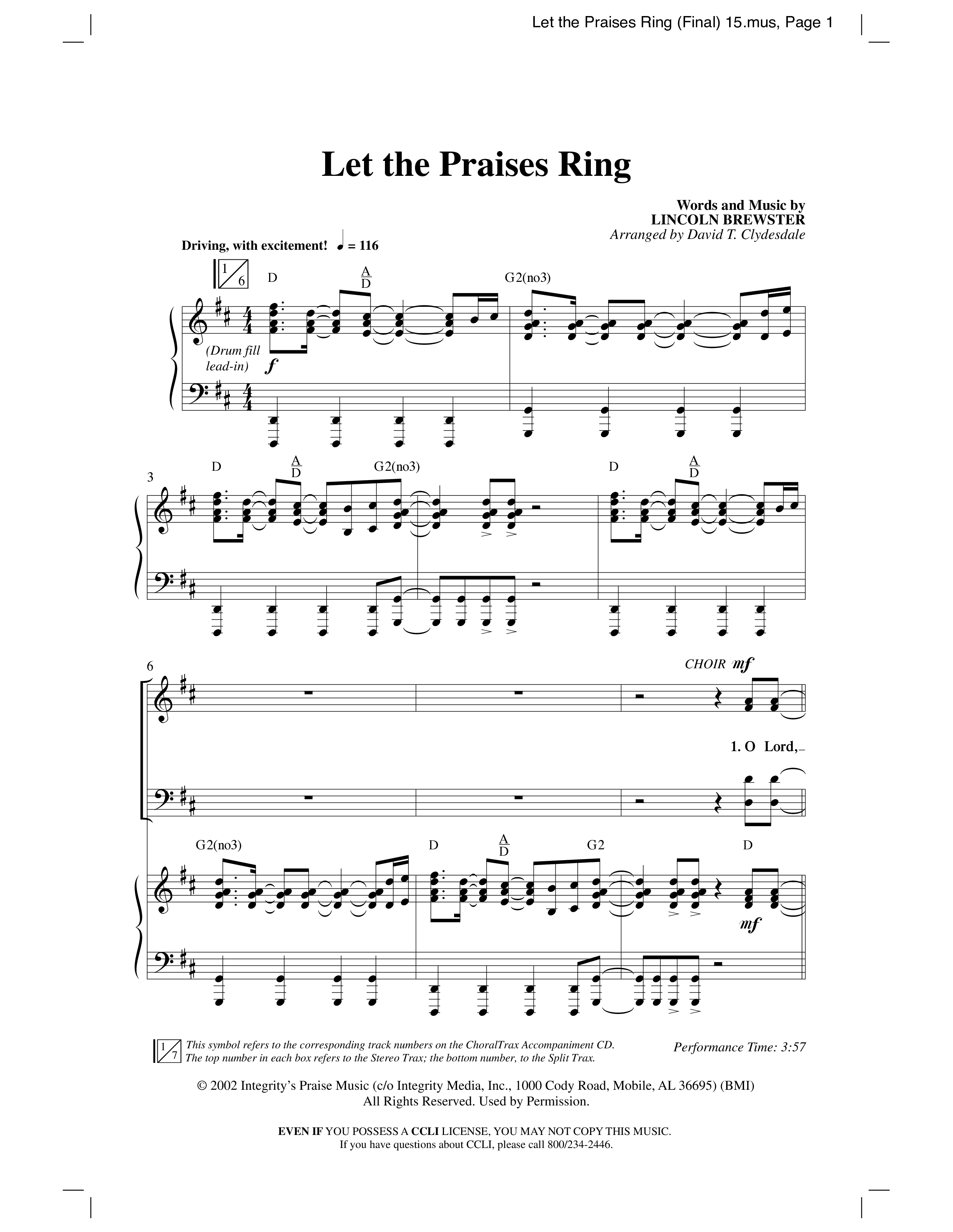 Let The Praises Ring (Choral Anthem SATB) Anthem (SATB/Piano) (Word Music Choral / Arr. David T. Clydesdale)