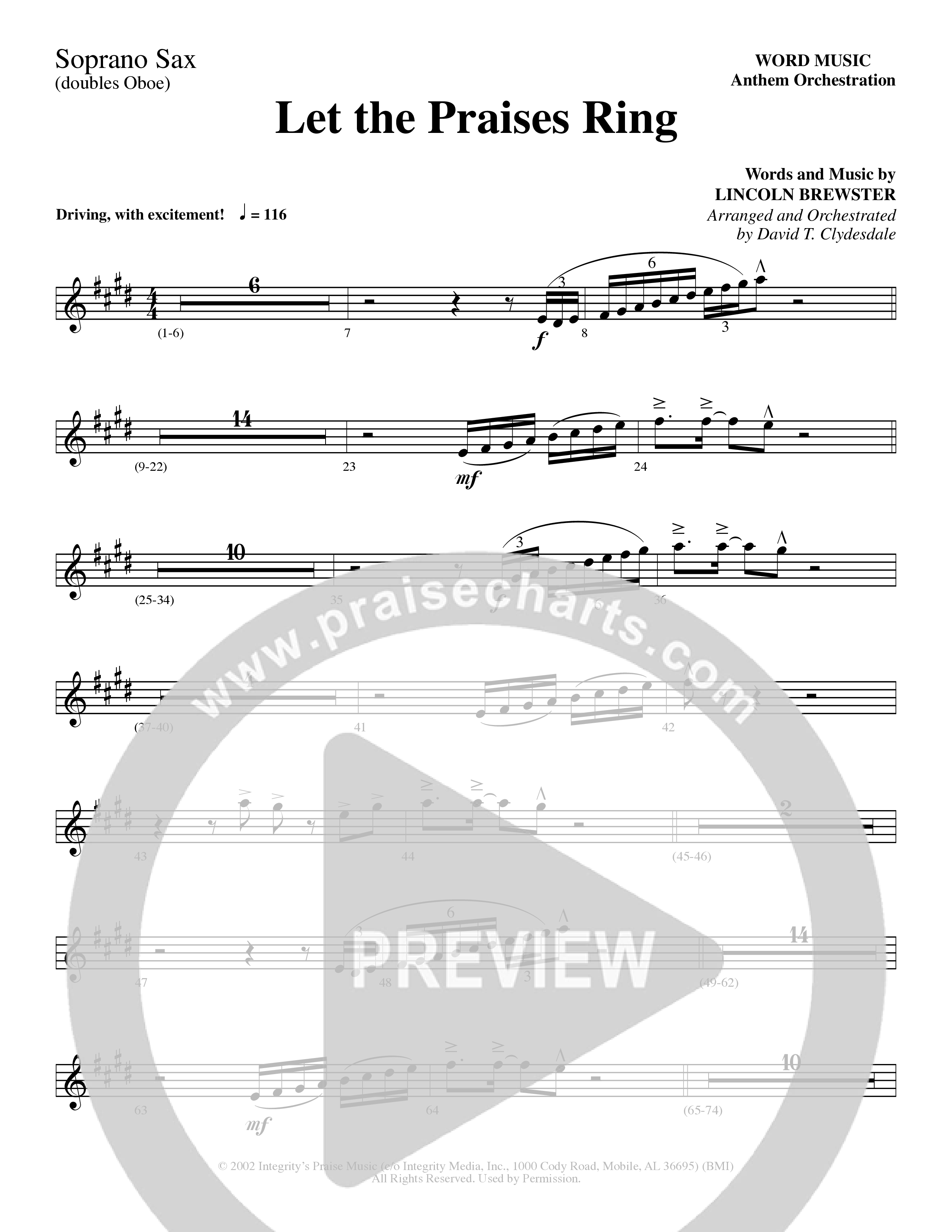 Let The Praises Ring (Choral Anthem SATB) Soprano Sax (Word Music Choral / Arr. David T. Clydesdale)