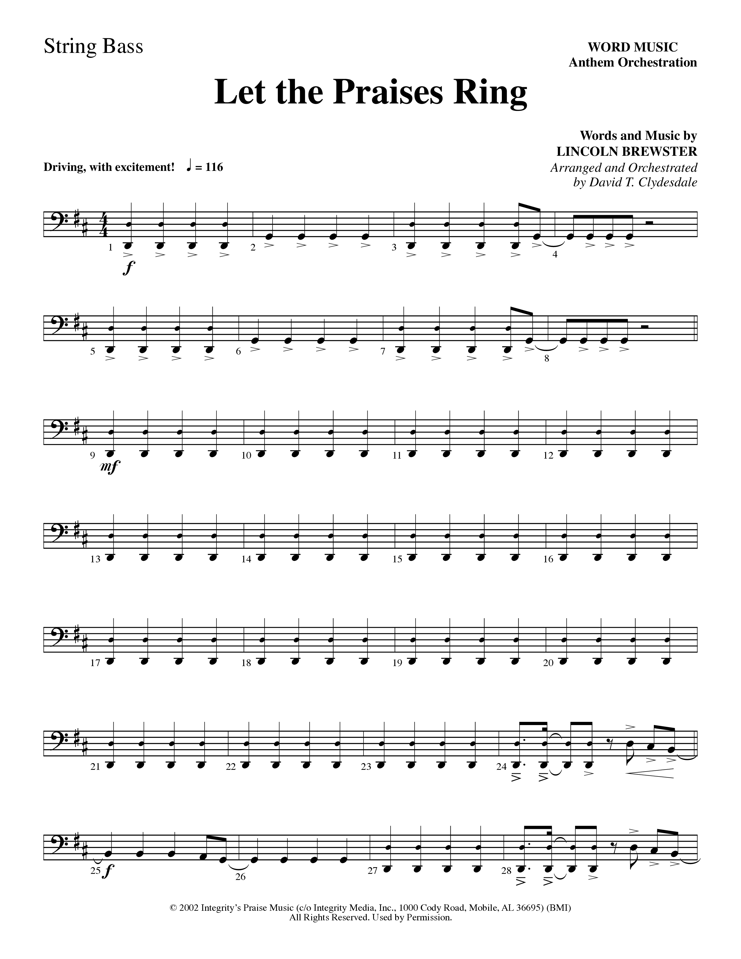 Let The Praises Ring (Choral Anthem SATB) String Bass (Word Music Choral / Arr. David T. Clydesdale)