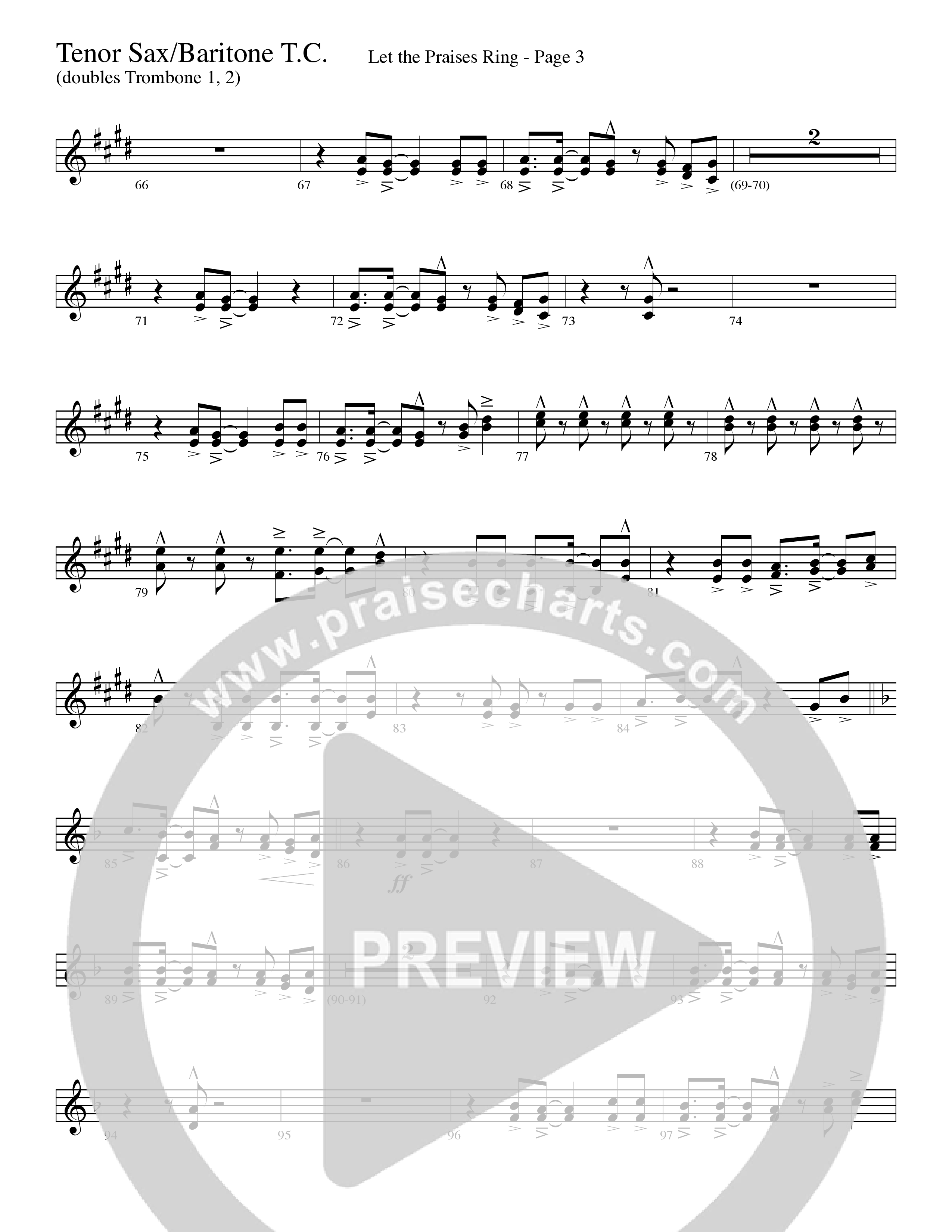 Let The Praises Ring (Choral Anthem SATB) Tenor Sax/Baritone T.C. (Word Music Choral / Arr. David T. Clydesdale)