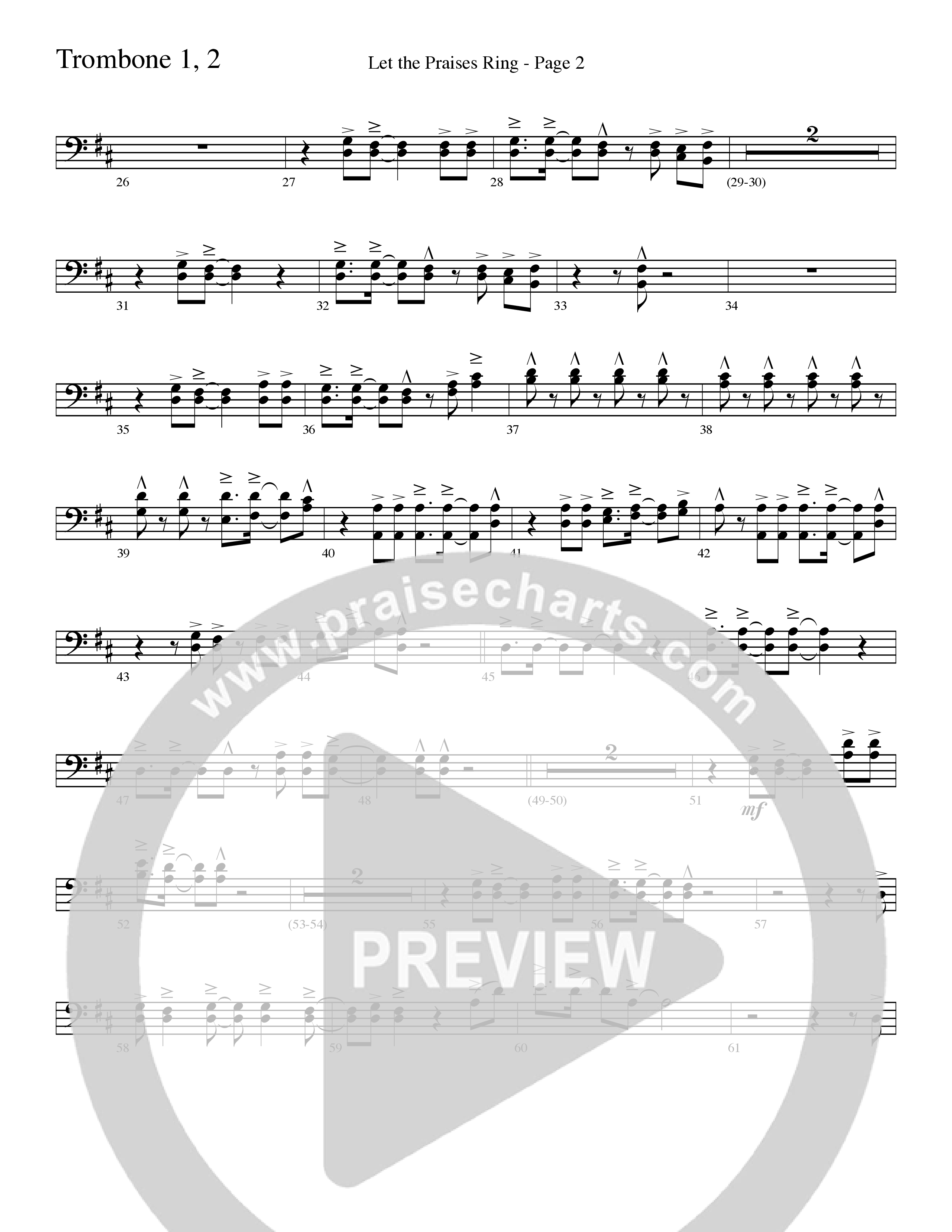 Let The Praises Ring (Choral Anthem SATB) Trombone 1/2 (Word Music Choral / Arr. David T. Clydesdale)