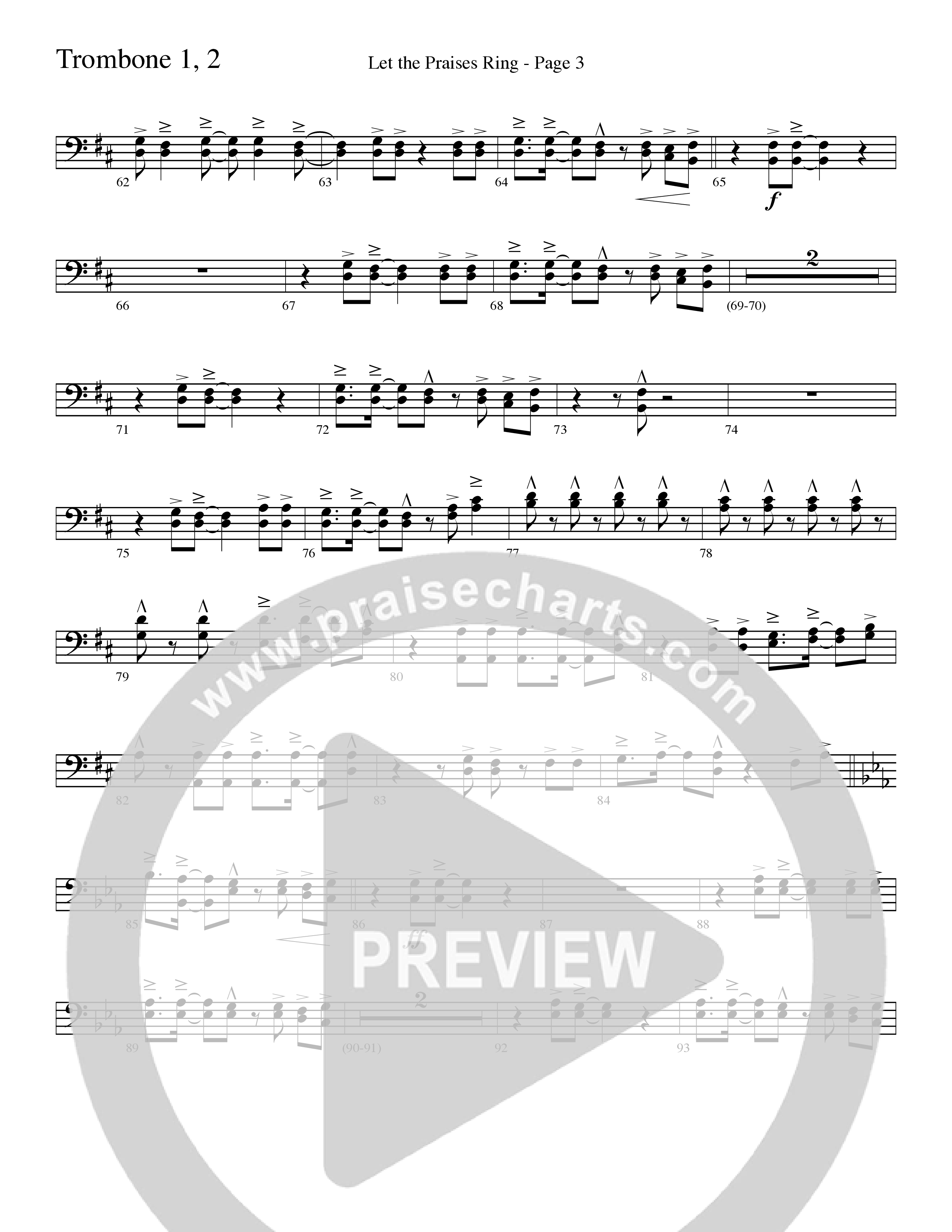 Let The Praises Ring (Choral Anthem SATB) Trombone 1/2 (Word Music Choral / Arr. David T. Clydesdale)