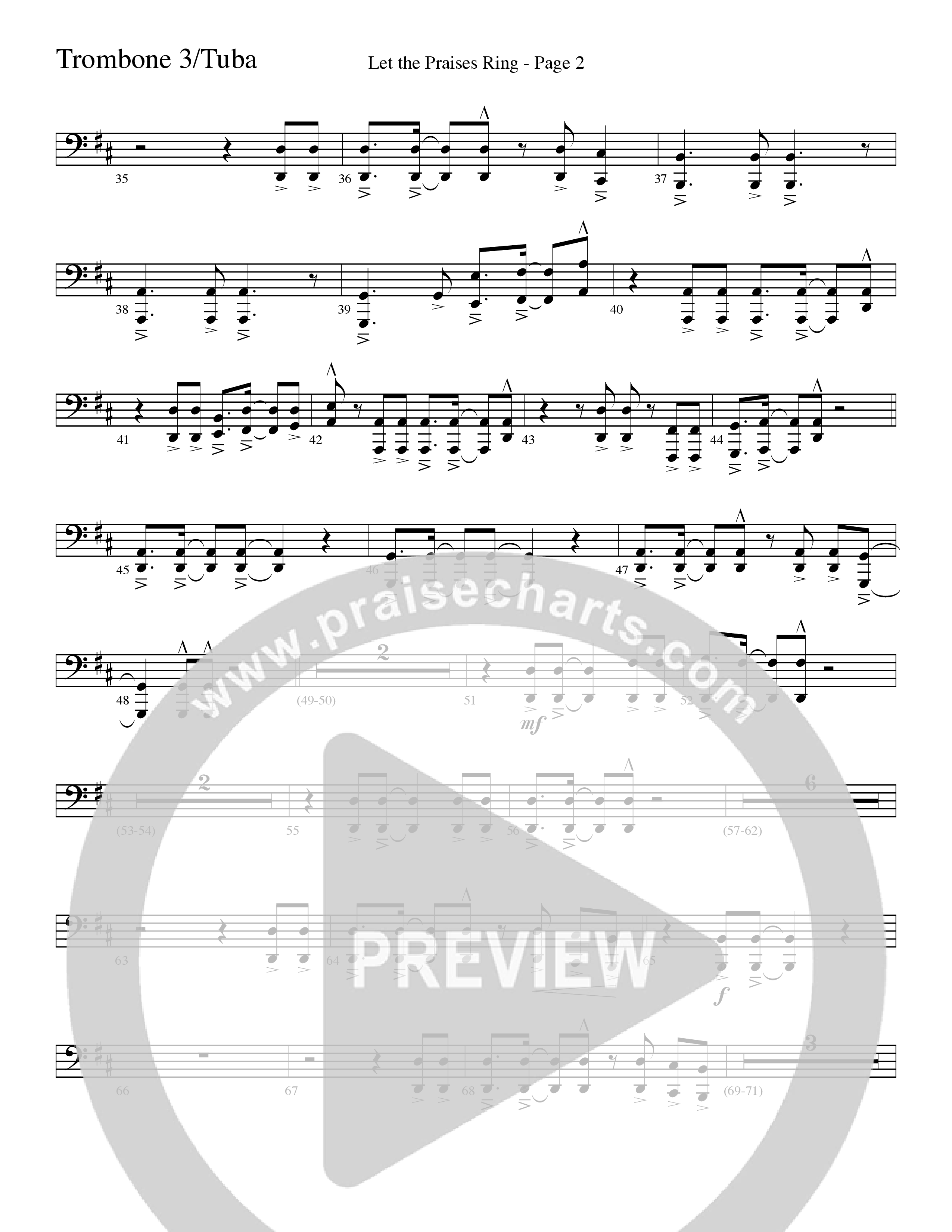 Let The Praises Ring (Choral Anthem SATB) Trombone 3/Tuba (Word Music Choral / Arr. David T. Clydesdale)
