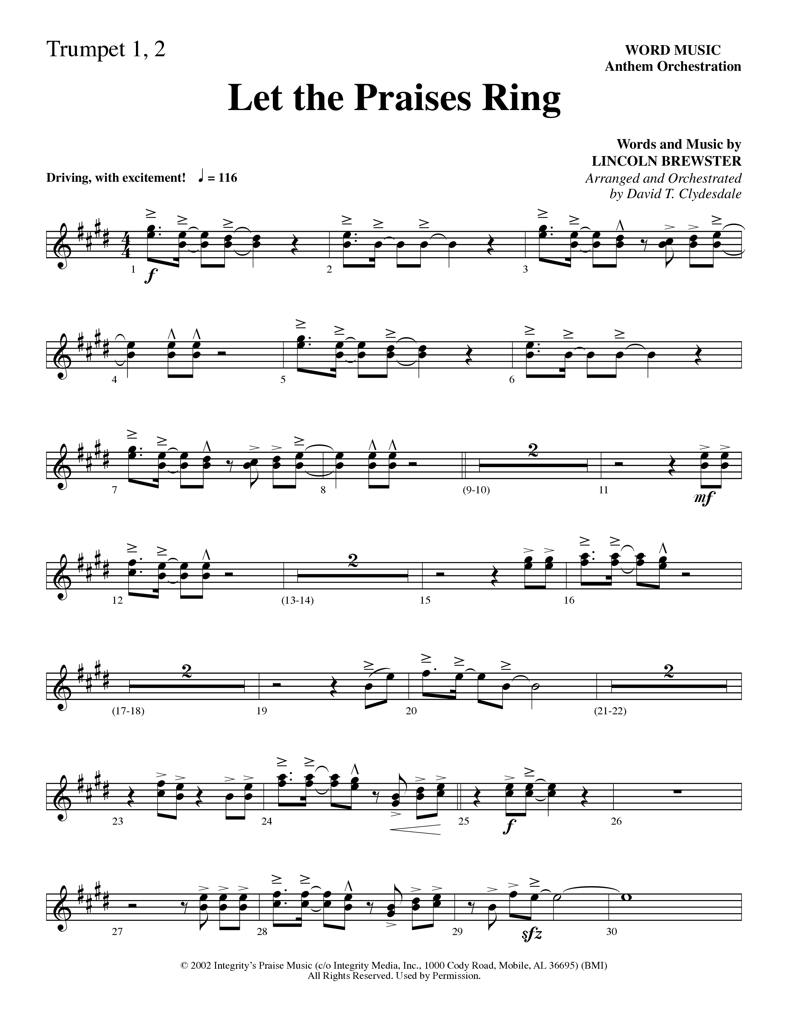 Let The Praises Ring (Choral Anthem SATB) Trumpet 1,2 (Word Music Choral / Arr. David T. Clydesdale)