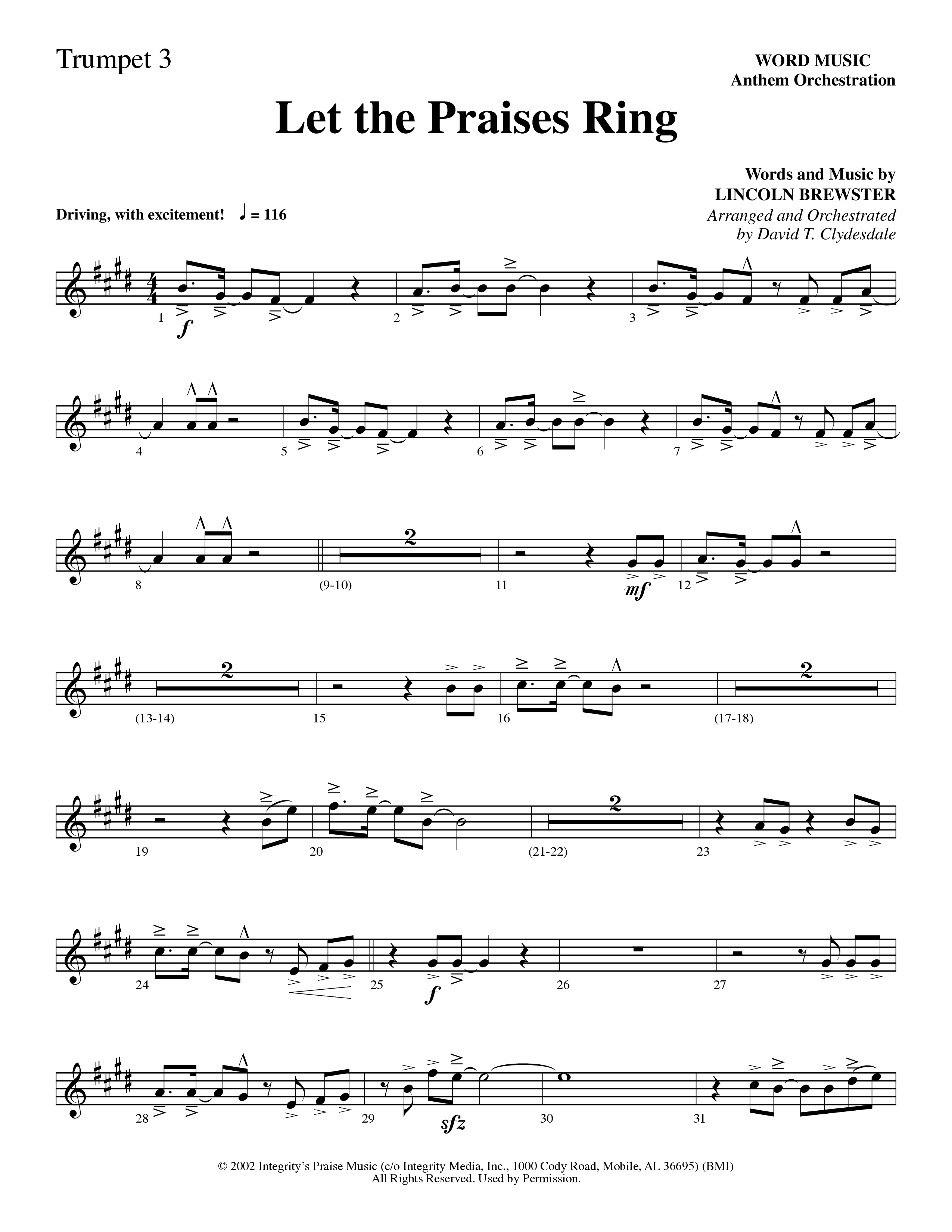 Let The Praises Ring (Choral Anthem SATB) Trumpet 3 (Word Music Choral / Arr. David T. Clydesdale)