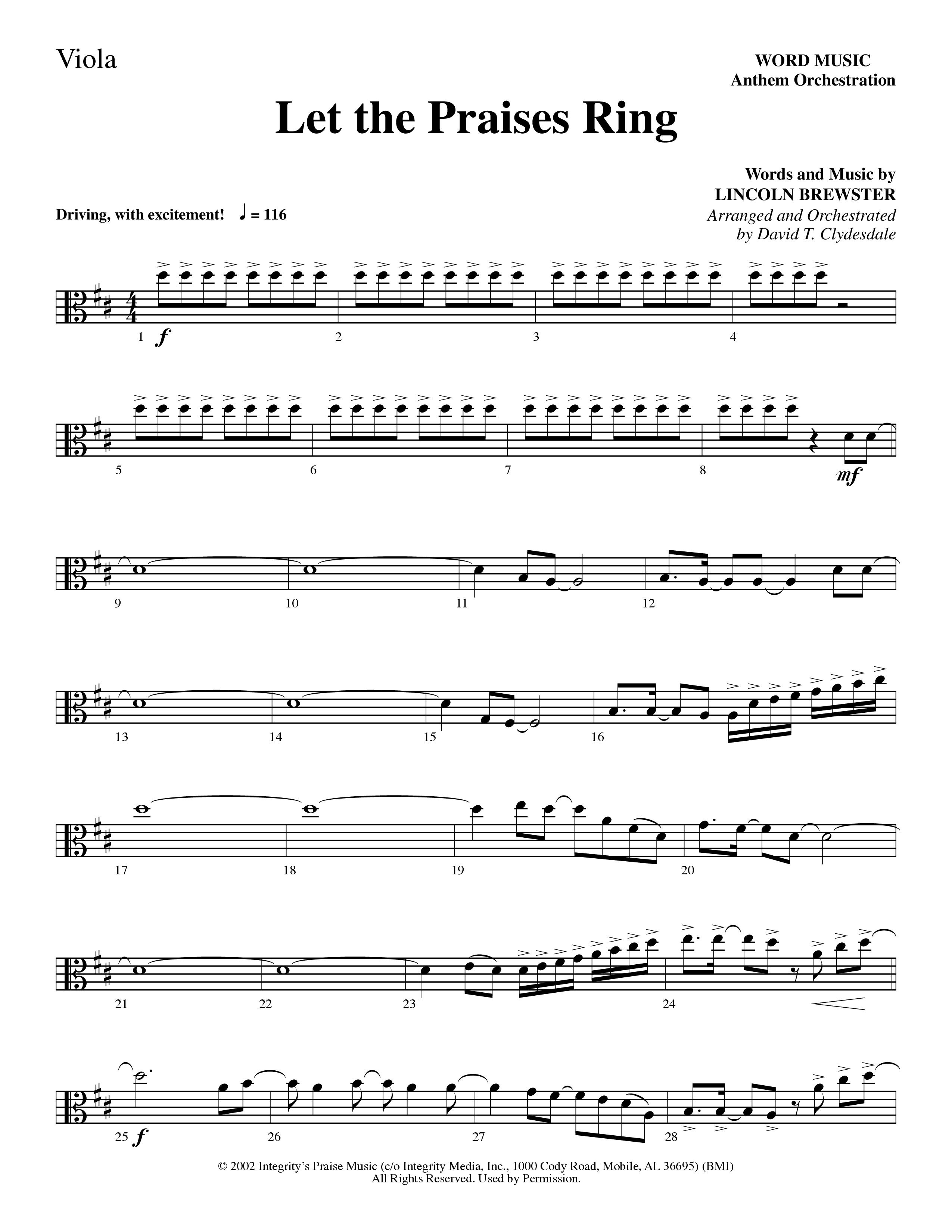Let The Praises Ring (Choral Anthem SATB) Viola (Word Music Choral / Arr. David T. Clydesdale)
