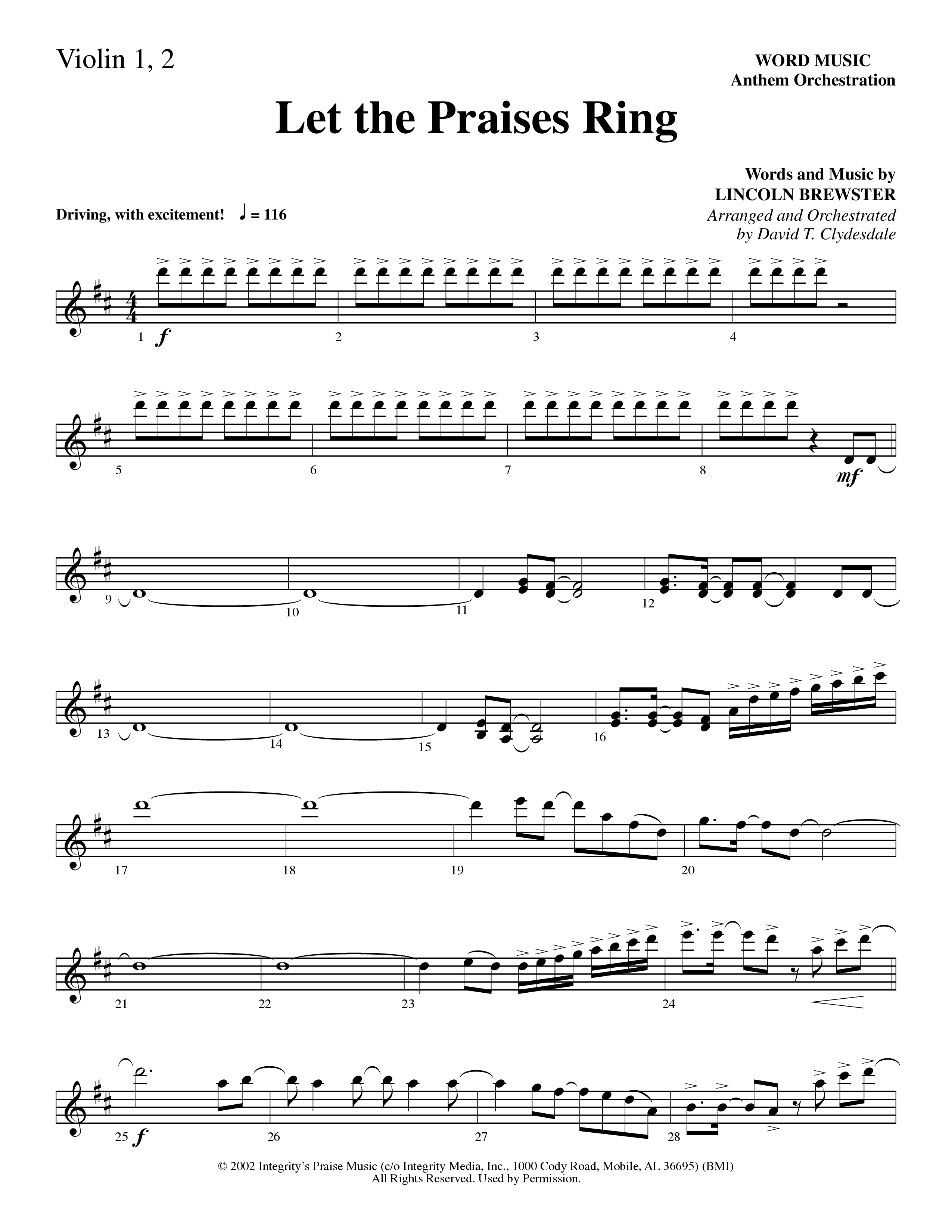 Let The Praises Ring (Choral Anthem SATB) Violin 1/2 (Word Music Choral / Arr. David T. Clydesdale)