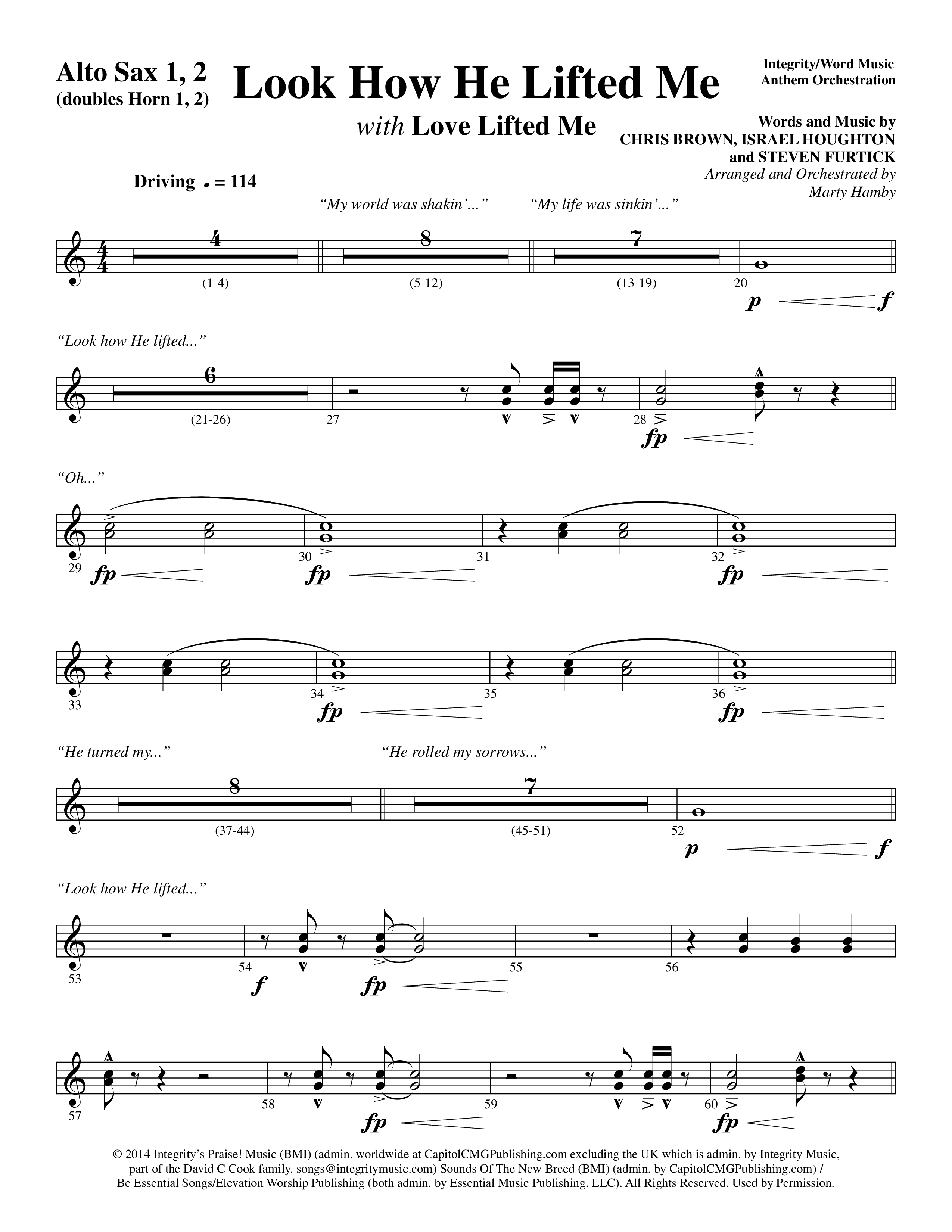 Look How He Lifted Me (with Love Lifted Me) (Choral Anthem SATB) Alto Sax 1/2 (Word Music Choral / Arr. Marty Hamby)