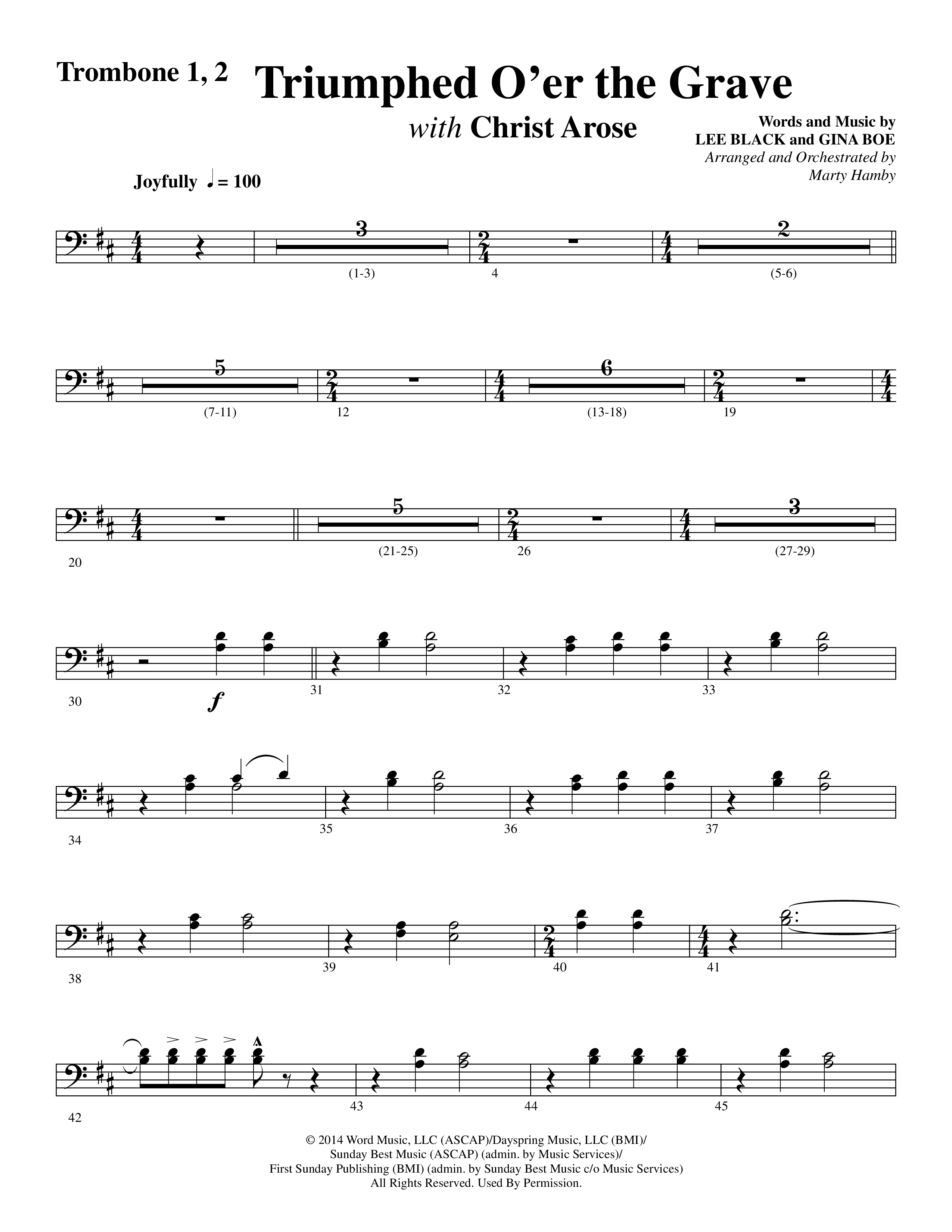 Triumphed O'er The Grave (with Christ Arose) (Choral Anthem SATB) Trombone 1/2 (Word Music Choral / Arr. Marty Hamby)