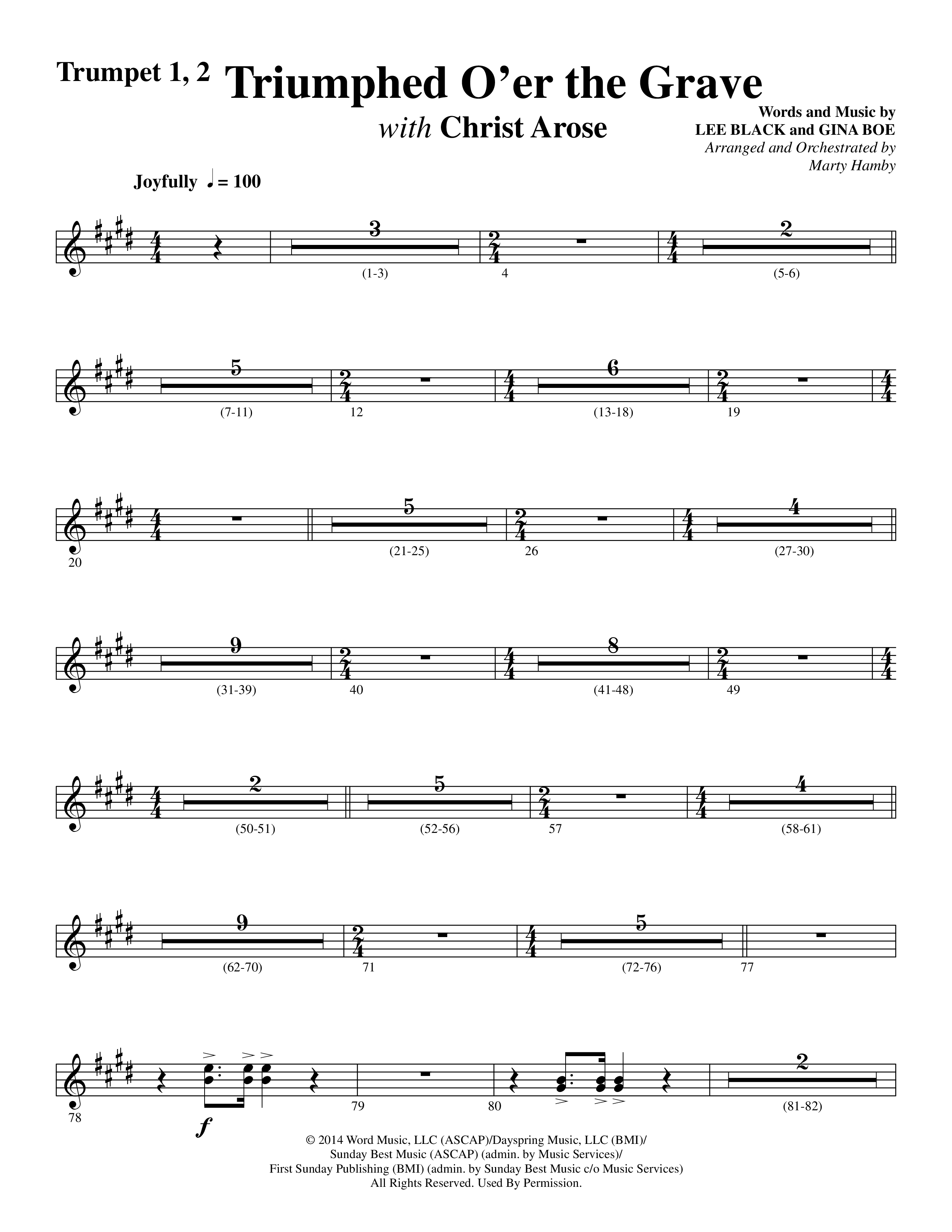 Triumphed O'er The Grave (with Christ Arose) (Choral Anthem SATB) Trumpet 1,2 (Word Music Choral / Arr. Marty Hamby)