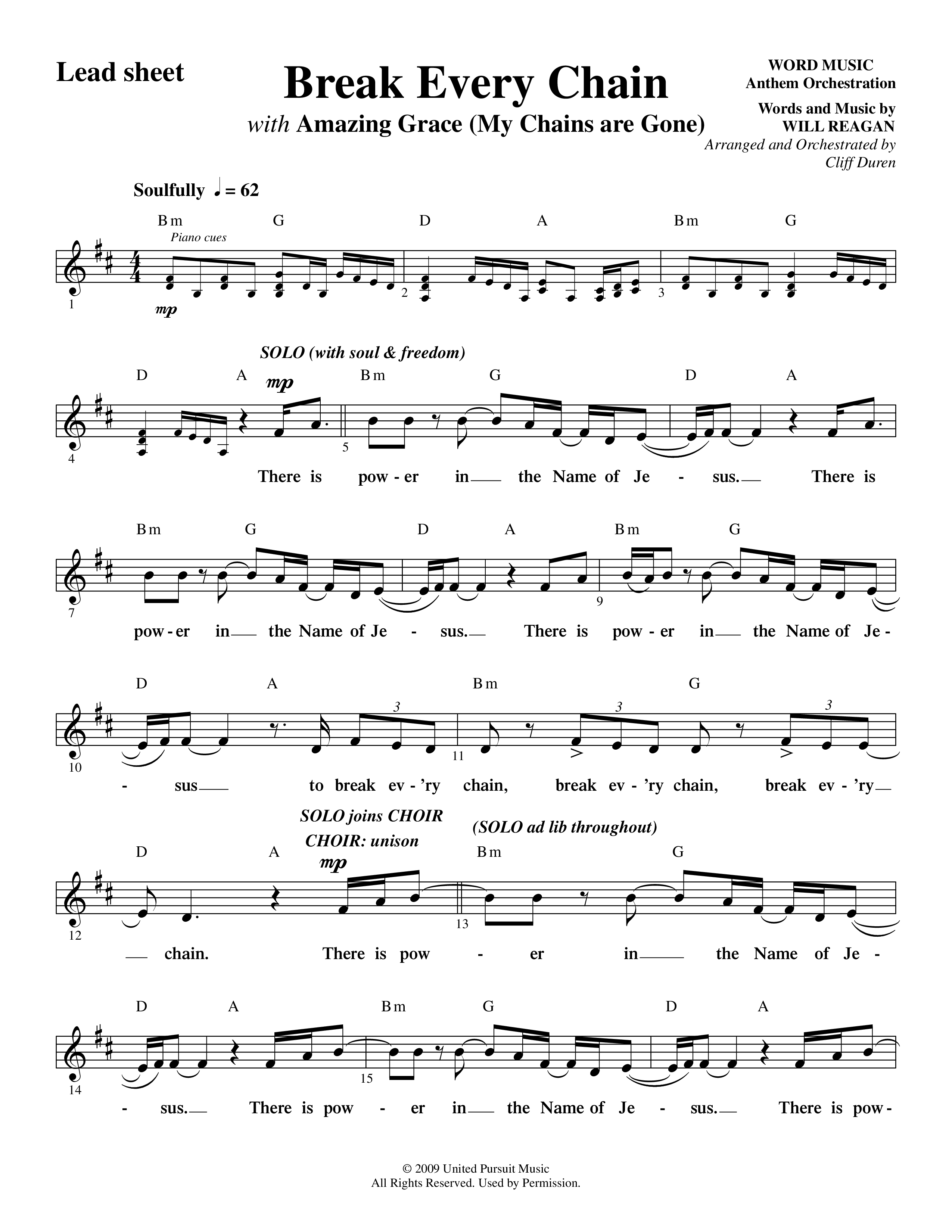 Break Every Chain (with Amazing Grace (My Chains Are Gone)) (Choral Anthem SATB) Lead Sheet (Melody) (Word Music Choral / Arr. Cliff Duren)