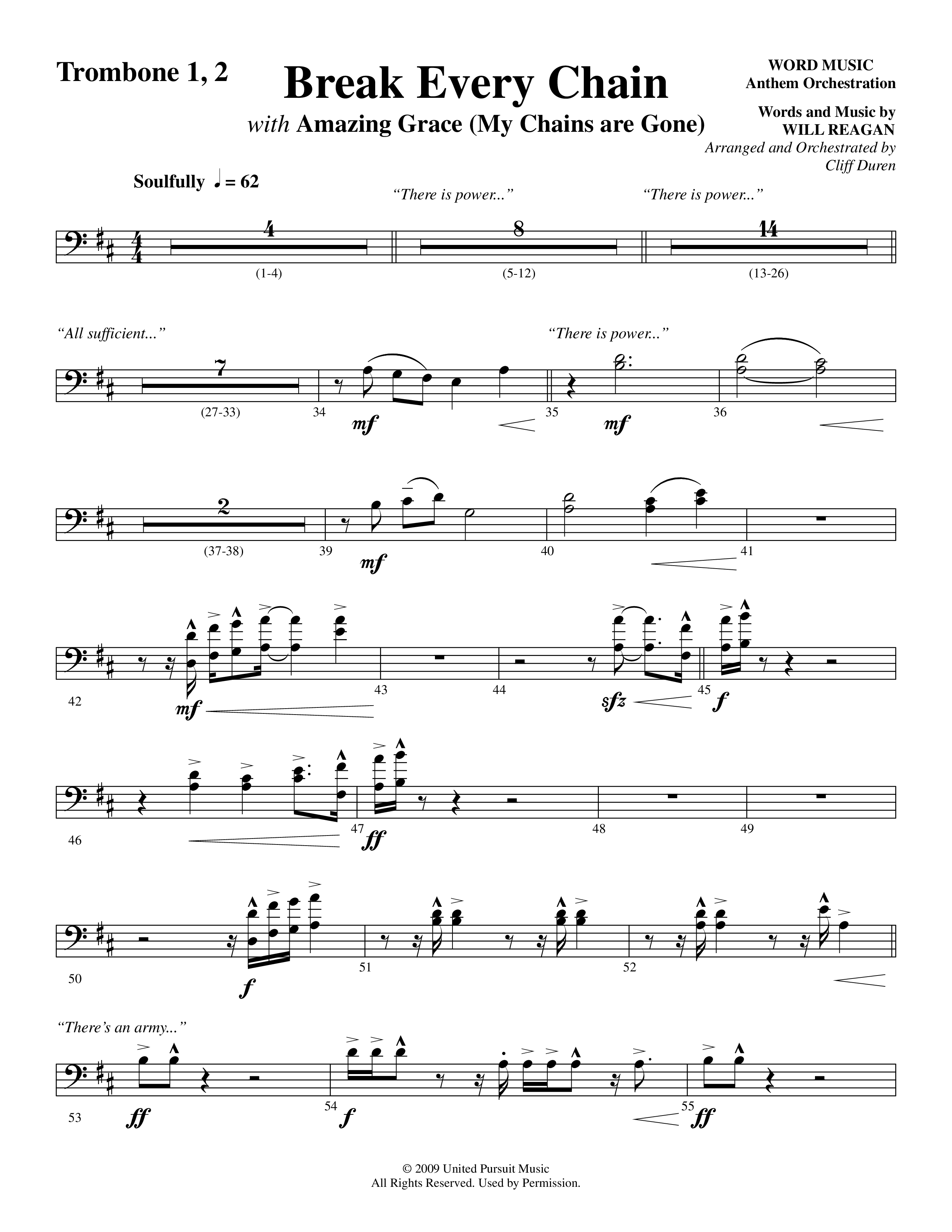Break Every Chain (with Amazing Grace (My Chains Are Gone)) (Choral Anthem SATB) Trombone 1/2 (Word Music Choral / Arr. Cliff Duren)