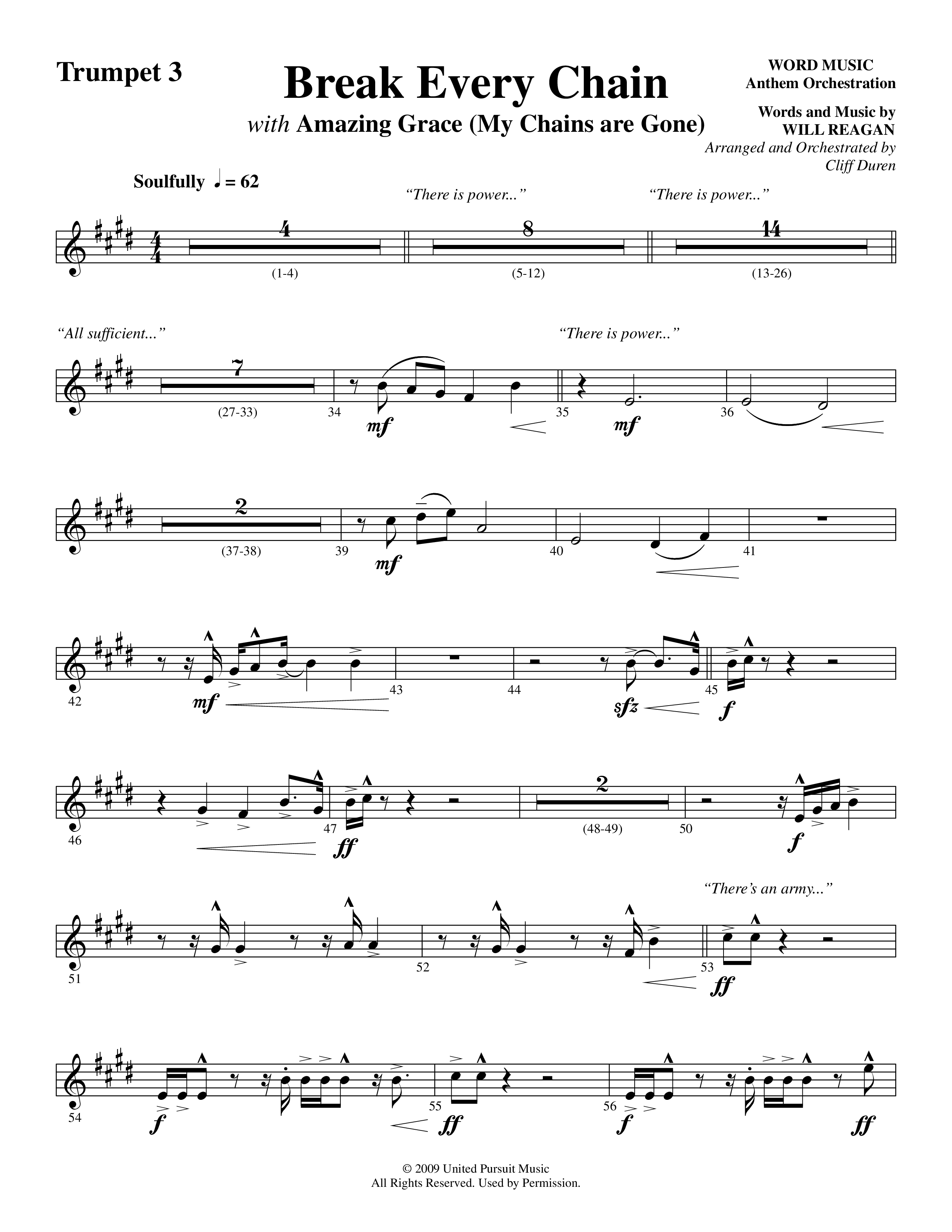 Break Every Chain (with Amazing Grace (My Chains Are Gone)) (Choral Anthem SATB) Trumpet 3 (Word Music Choral / Arr. Cliff Duren)