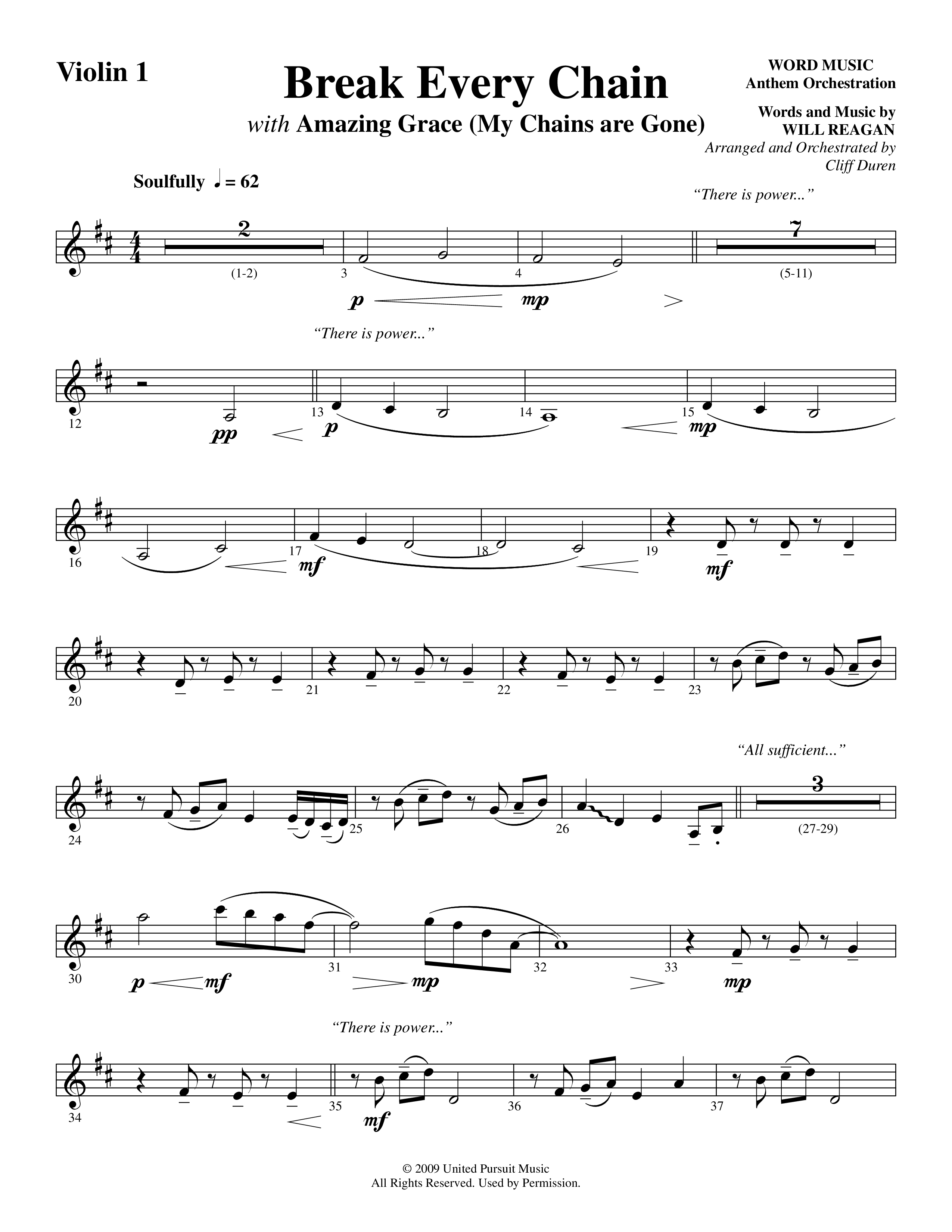 Break Every Chain (with Amazing Grace (My Chains Are Gone)) (Choral Anthem SATB) Violin 1 (Word Music Choral / Arr. Cliff Duren)