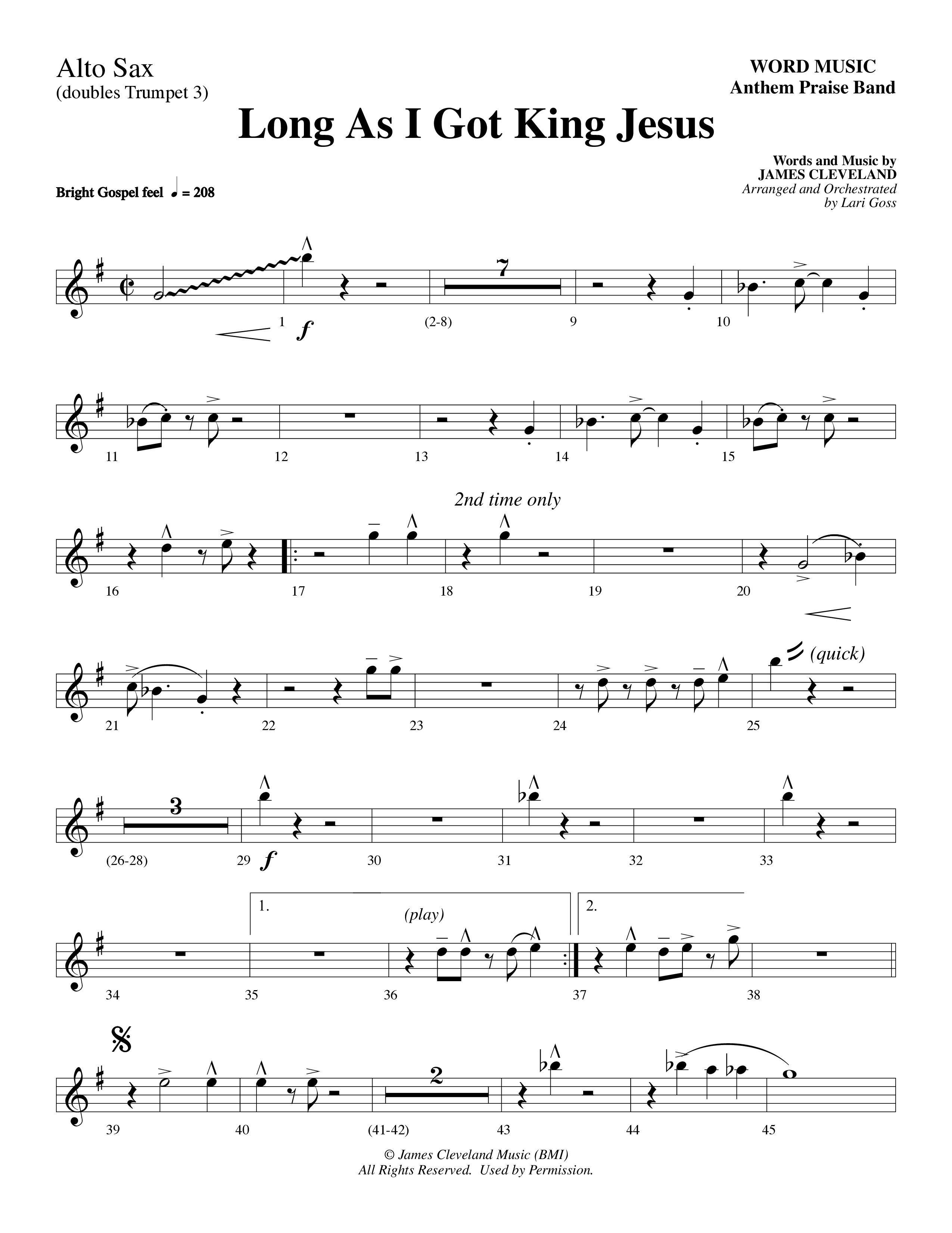Long As I Got King Jesus (Choral Anthem SATB) Alto Sax 1/2 (Word Music Choral / Arr. Lari Goss)