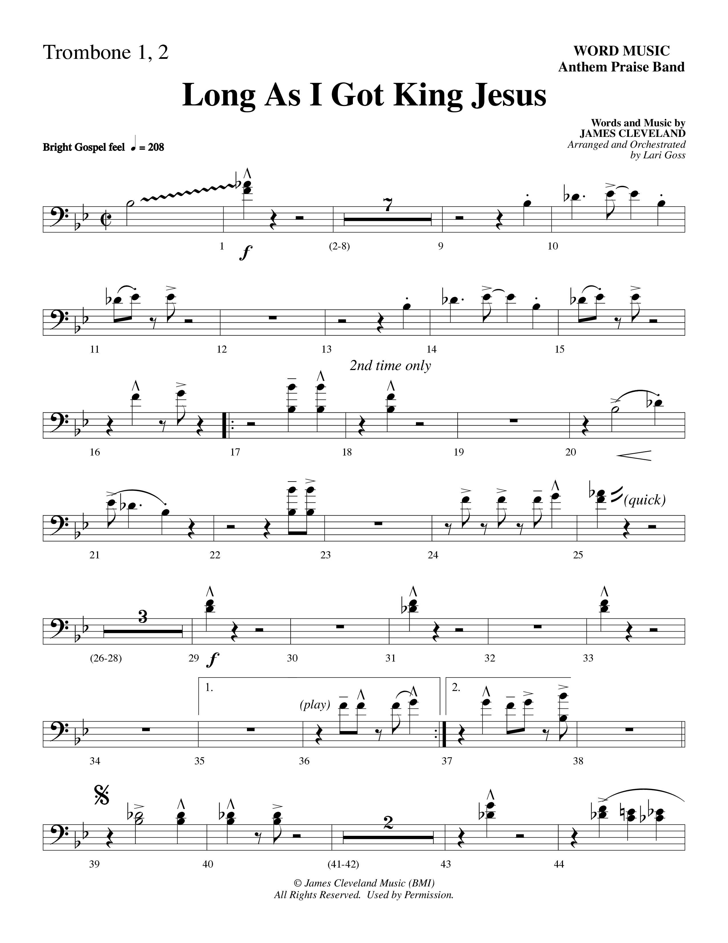 Long As I Got King Jesus (Choral Anthem SATB) Trombone 1/2 (Word Music Choral / Arr. Lari Goss)