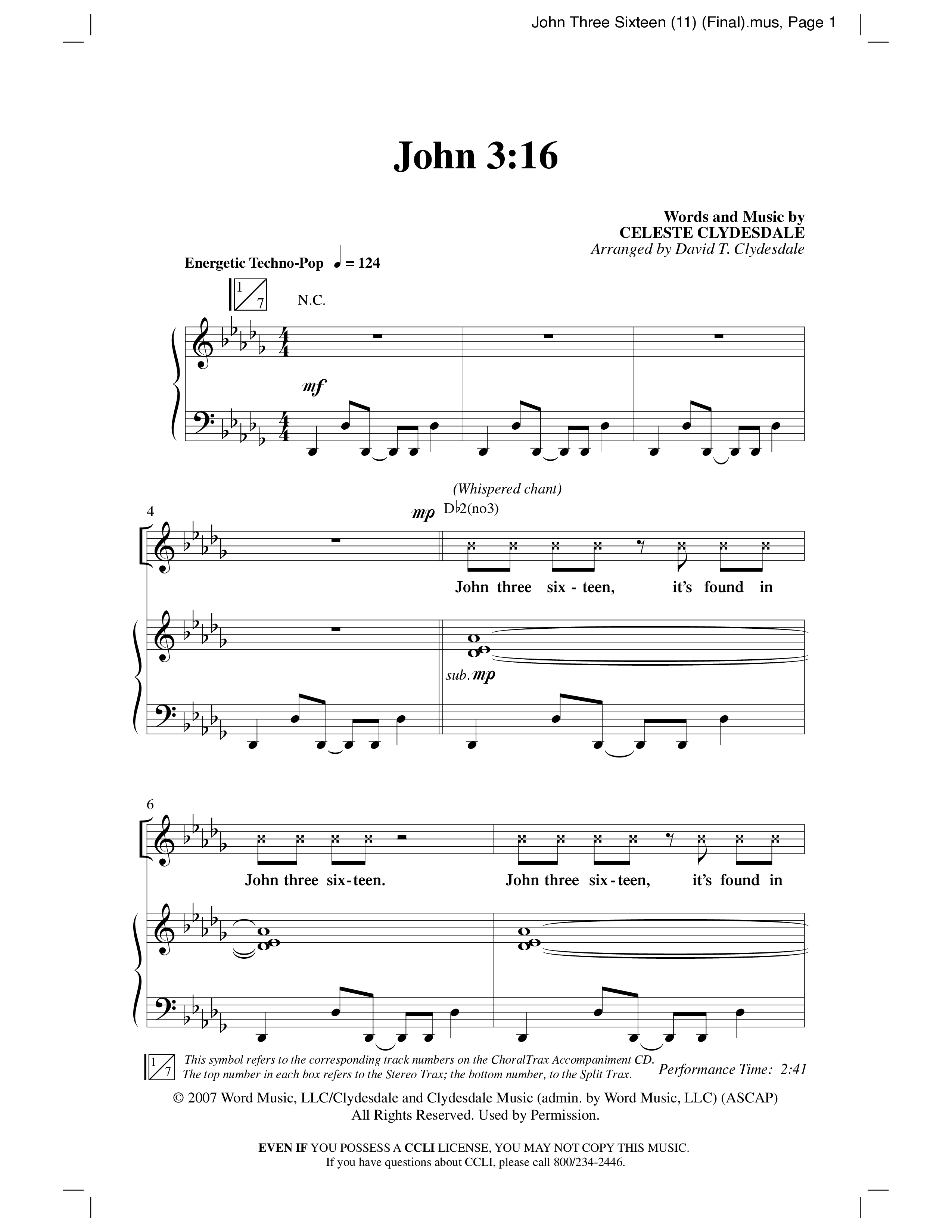 John 3:16 (Choral Anthem SATB) Anthem (SATB/Piano) (Word Music Choral / Arr. David Clydesdale)
