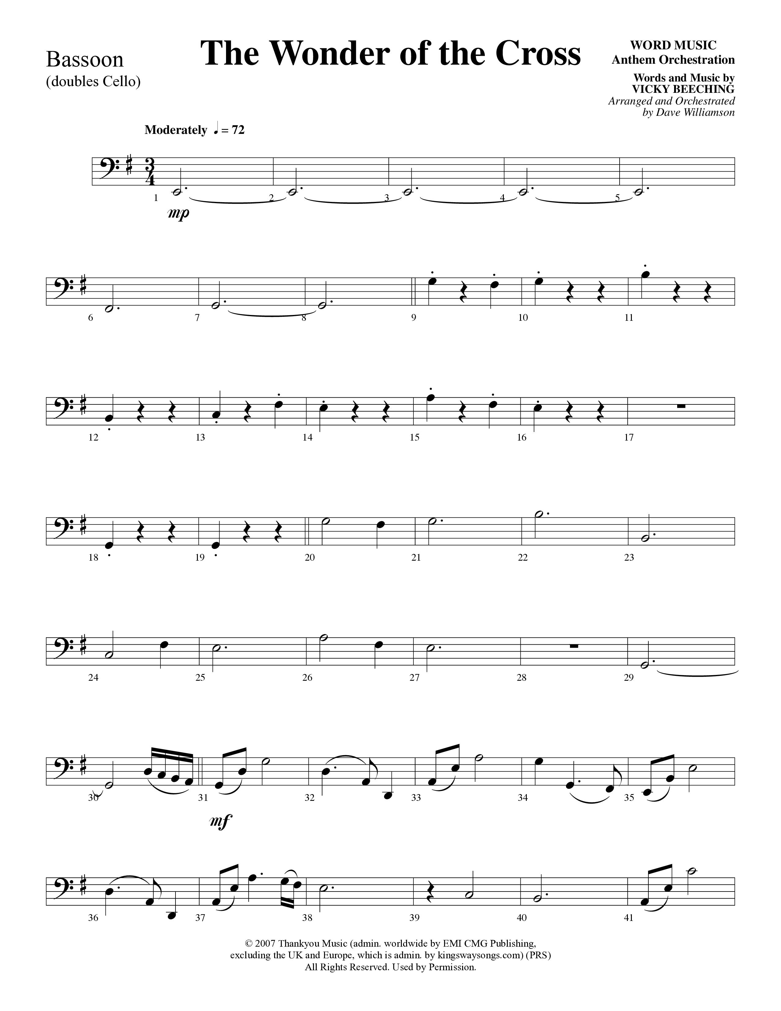 The Wonder Of The Cross (Choral Anthem SATB) Bassoon (Word Music Choral / Arr. Dave Williamson)