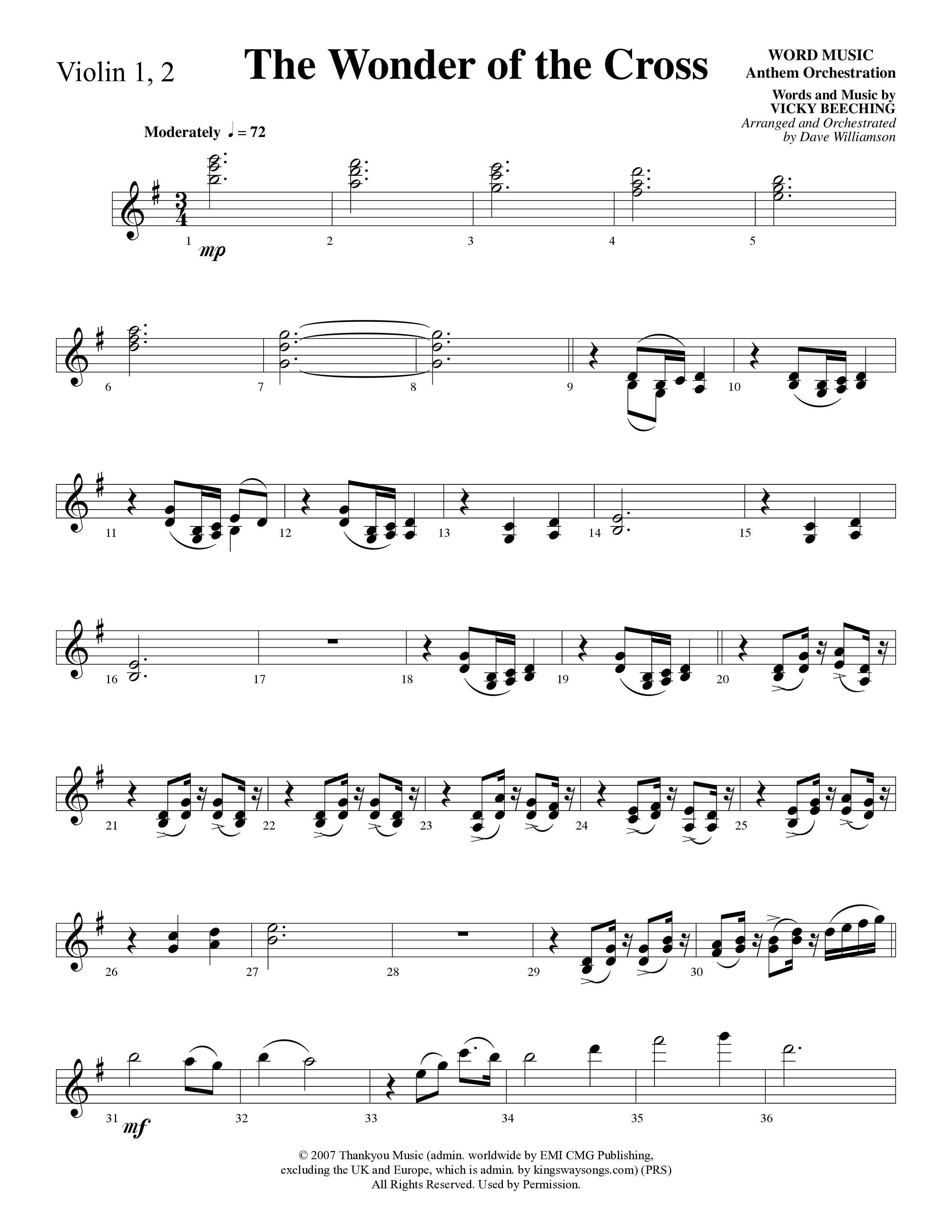 The Wonder Of The Cross (Choral Anthem SATB) Violin 1/2 (Word Music Choral / Arr. Dave Williamson)